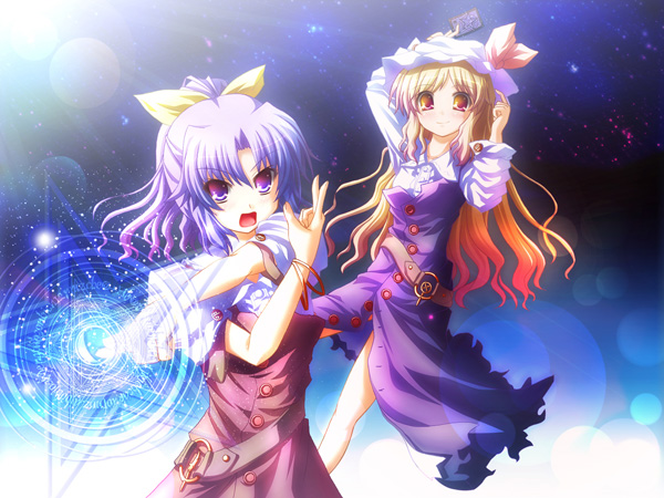 akashio (loli ace), watatsuki no toyohime, watatsuki no yorihime, silent sinner in blue, touhou, 2girls, belt, blonde hair, bow, bracelet, female focus, hair bow, jewelry, long hair, magic circle, multiple girls, pentagram, ponytail, purple hair, ribbon