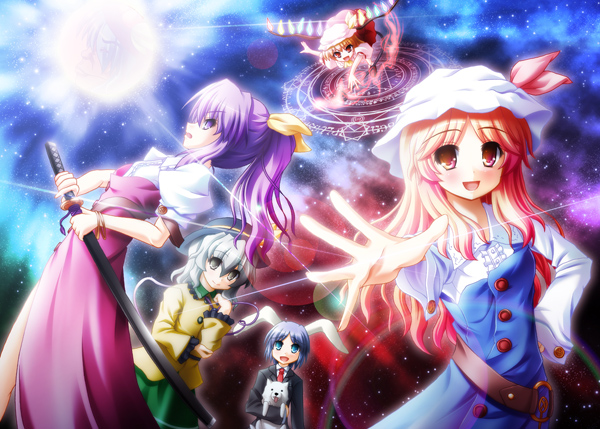 akashio (loli ace), flandre scarlet, komeiji koishi, reisen, watatsuki no toyohime, watatsuki no yorihime, touhou, silver hair, bad id, bad pixiv id, 5girls, animal ears, blonde hair, dress, female focus, gradient background, hat, katana, long hair, magic circle, mob cap, multiple girls, purple hair, rabbit ears, ribbon, short hair, skirt, sword, weapon, wings