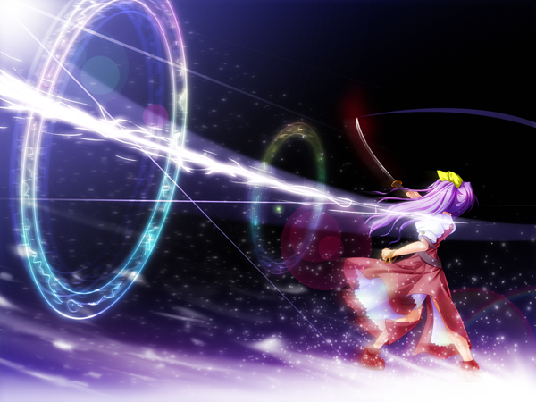 akashio (loli ace), watatsuki no yorihime, silent sinner in blue, touhou, bad id, bad pixiv id, 1girl, female focus, katana, long hair, magic circle, purple hair, ribbon, solo, sword, weapon