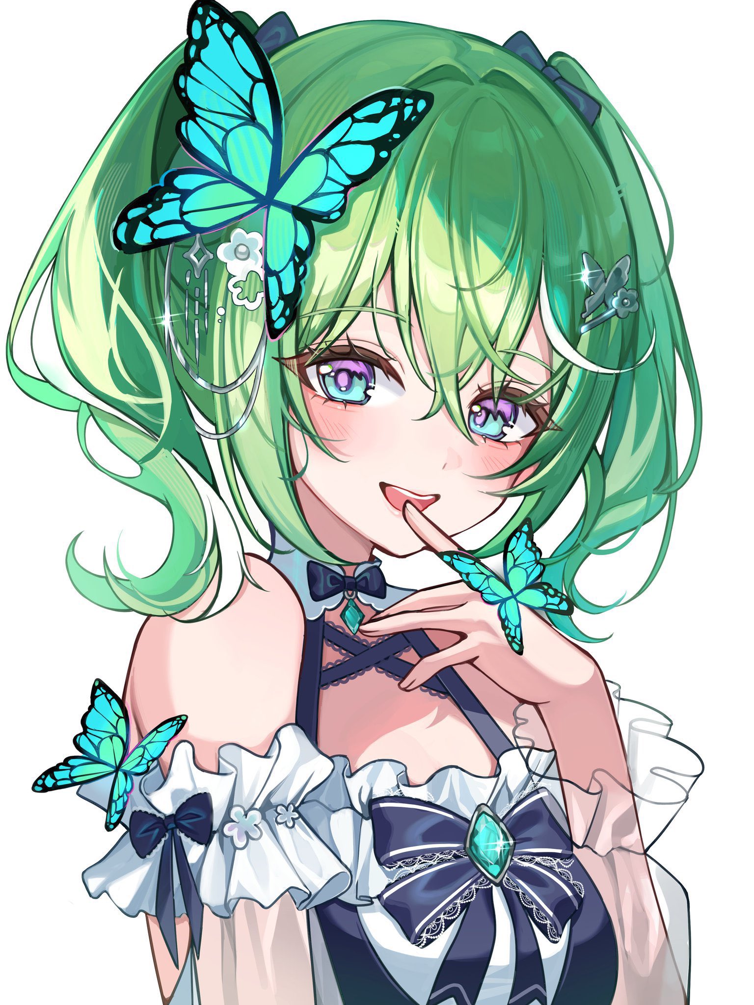 yulha 06, yuzuha riko, stellive, highres, 1girl, bare shoulders, black bow, bow, bug, butterfly, butterfly hair ornament, butterfly on hand, dress bow, finger to mouth, gem, green gemstone, green hair, hair between eyes, hair ornament, insect, looking at viewer, medium hair, multicolored eyes, open mouth, see-through clothes, see-through sleeves, simple background, smile, solo, teeth, upper body, upper teeth only, virtual youtuber, white background