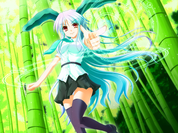 akashio (loli ace), reisen udongein inaba, touhou, bad id, bad pixiv id, 1girl, alternate color, alternate hair color, animal ears, aqua hair, aqua necktie, female focus, forest, long hair, magic circle, nature, necktie, outdoors, panties, plant, rabbit ears, skirt, socks, solo, thighhighs, underwear, very long hair, zettai ryouiki