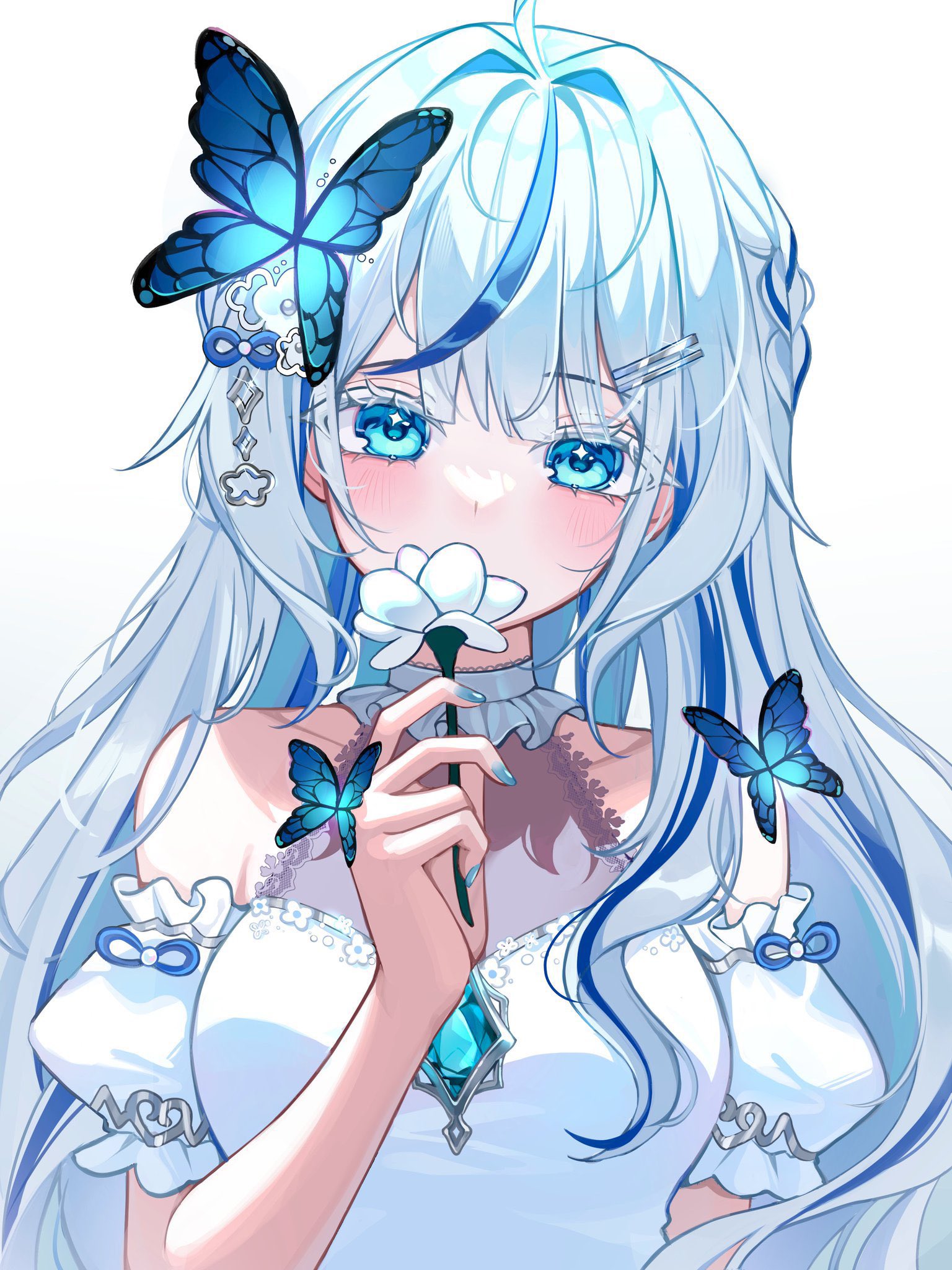 yulha 06, aokumo rin, stellive, highres, 1girl, bare shoulders, blue eyes, blue gemstone, blue hair, butterfly hair ornament, butterfly on shoulder, detached sleeves, dress, flower, gem, hair ornament, holding, holding flower, long hair, looking at viewer, multicolored hair, short sleeves, simple background, solo, streaked hair, upper body, virtual youtuber, white background, white dress, white flower, white hair