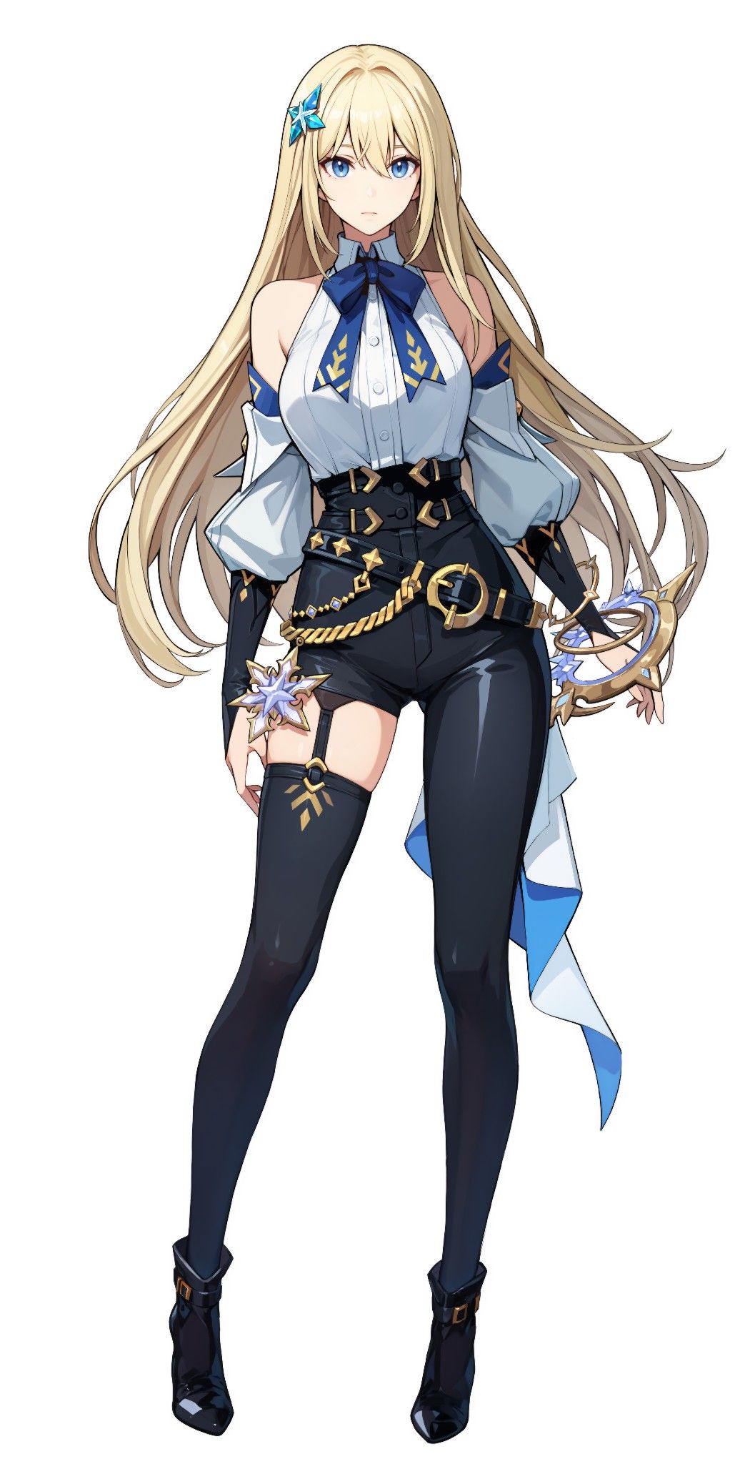alicia blanche, solo leveling: arise, bad link, highres, 1girl, bare shoulders, belt, black pants, blonde hair, blue eyes, boots, collar, detached sleeves, full body, neck ribbon, pants, ribbon, thighhighs, white collar
