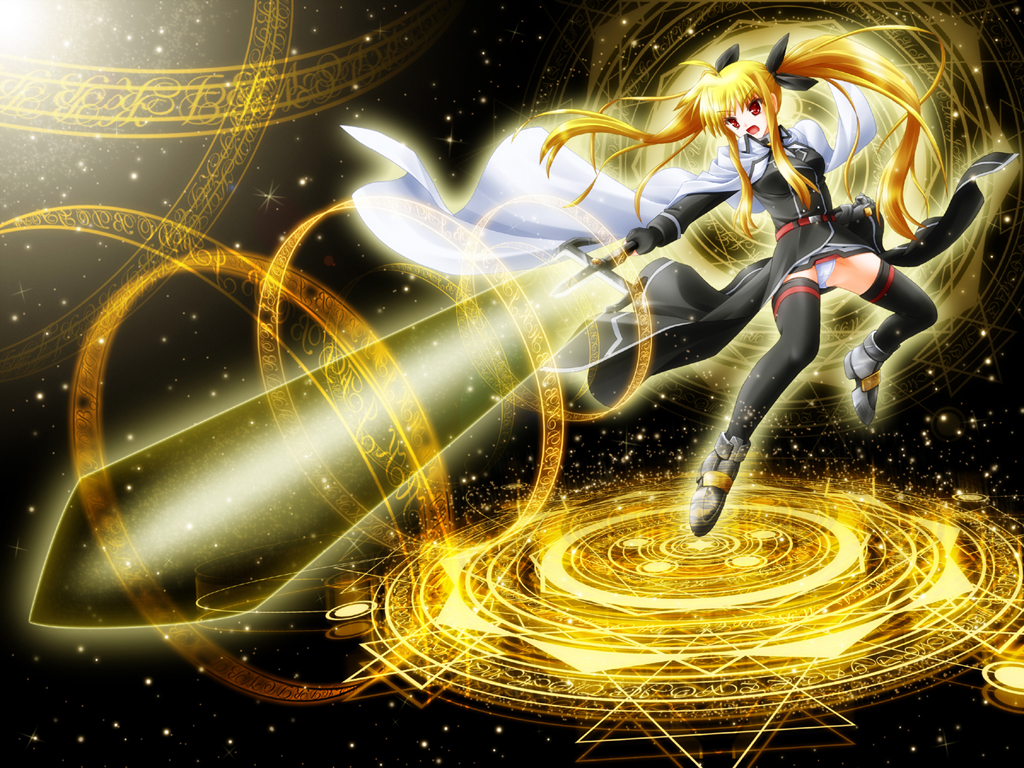 akashio (loli ace), bardiche (nanoha), fate testarossa, lyrical nanoha, mahou shoujo lyrical nanoha, mahou shoujo lyrical nanoha strikers, bad id, bad pixiv id, 00s, 1girl, blonde hair, energy sword, female focus, long hair, magic circle, solo, sword, thighhighs, twintails, weapon