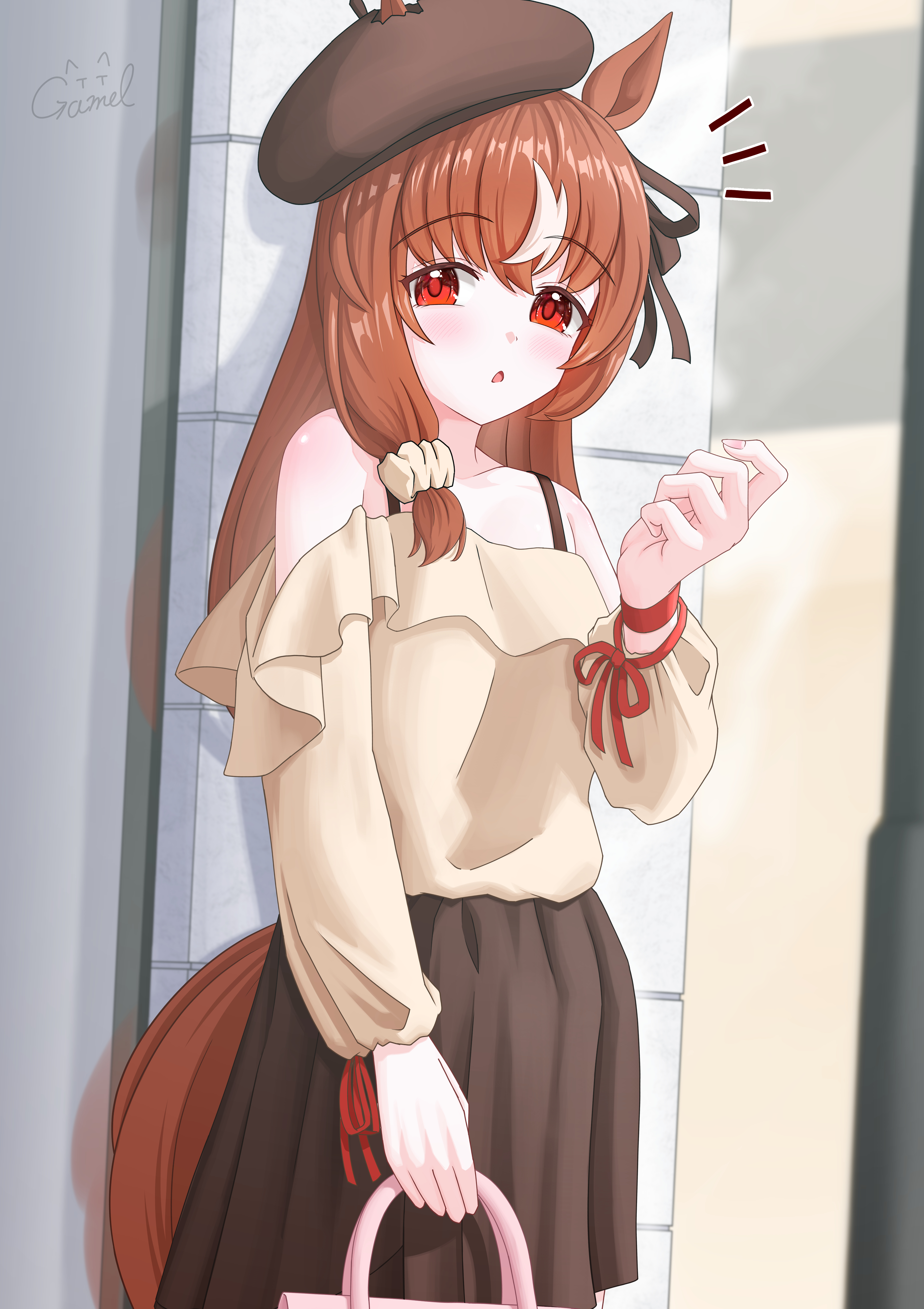 gamel 120, still in love (umamusume), umamusume, absurdres, commentary request, highres, 1girl, alternate costume, animal ears, blush, breasts, casual, collarbone, hair between eyes, hair ornament, hat, horse ears, horse girl, horse tail, long hair, looking at viewer, open mouth, red eyes, signature, small breasts, solo, tail