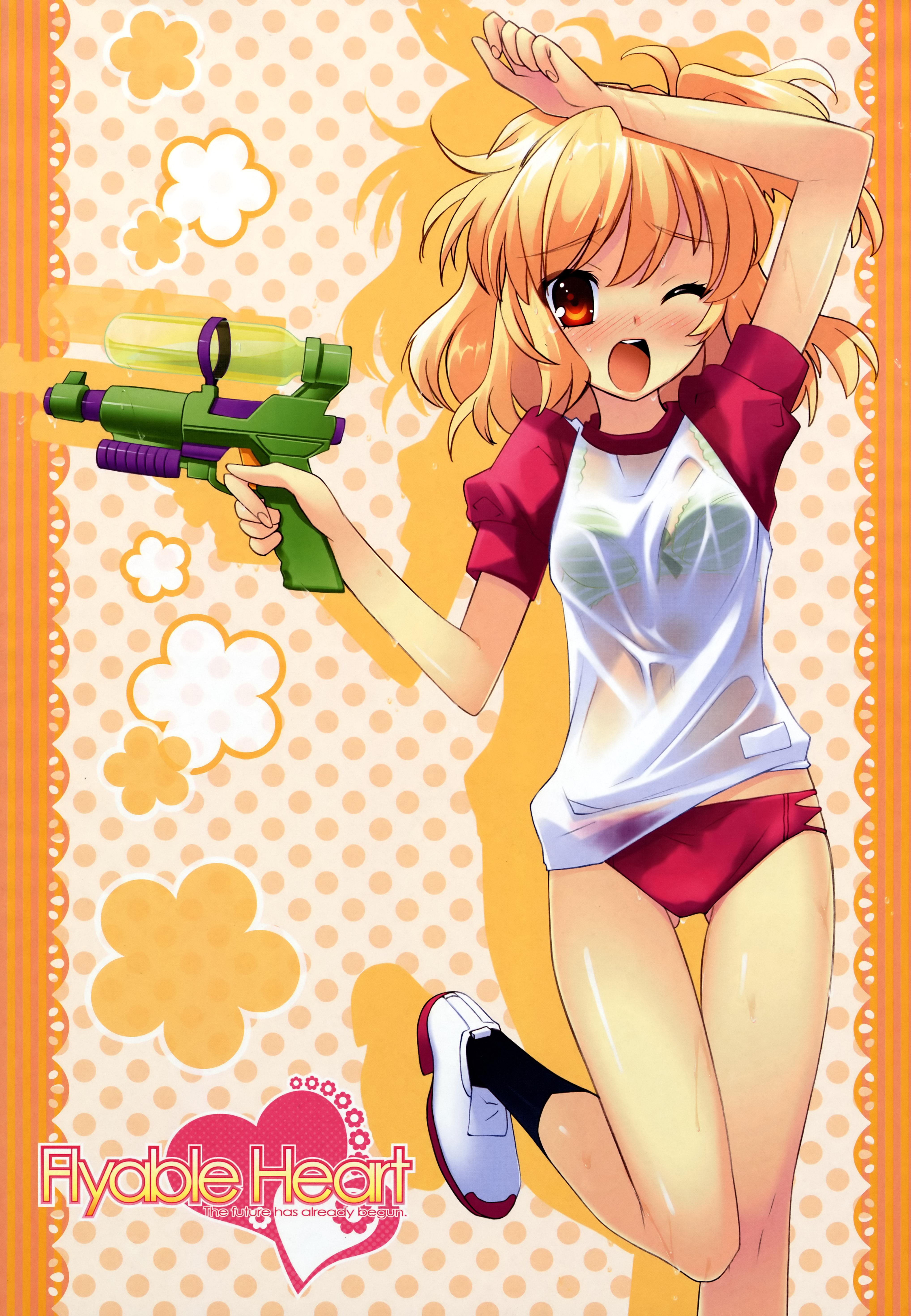 ito noizi, sumeragi amane (flyable heart), flyable heart, absurdres, highres, 1girl, blonde hair, blush, bow, bow bra, bra, buruma, female focus, green bra, gym uniform, lingerie, one eye closed, polka dot, raglan sleeves, see-through clothes, shirt, short hair, solo, striped bra, striped clothes, underwear, water gun, wet, wet clothes, wet shirt, wink