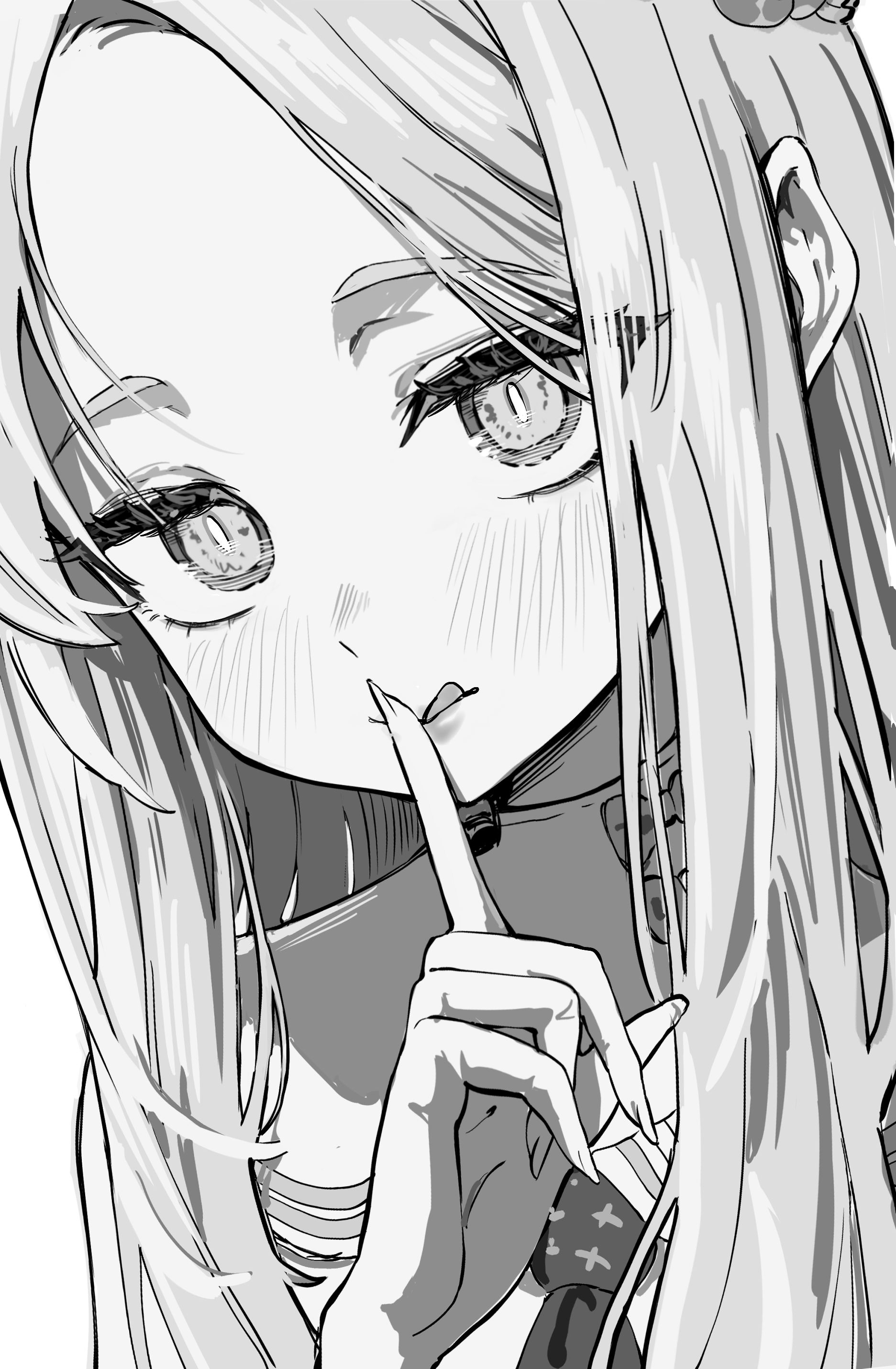 hanakonenne, seia (blue archive), blue archive, absurdres, commentary request, highres, 1girl, arm up, blush, bow, finger to mouth, greyscale, long sidelocks, looking at viewer, monochrome, necktie, shushing, sidelocks, simple background, solo, tongue, tongue out, upper body, white background