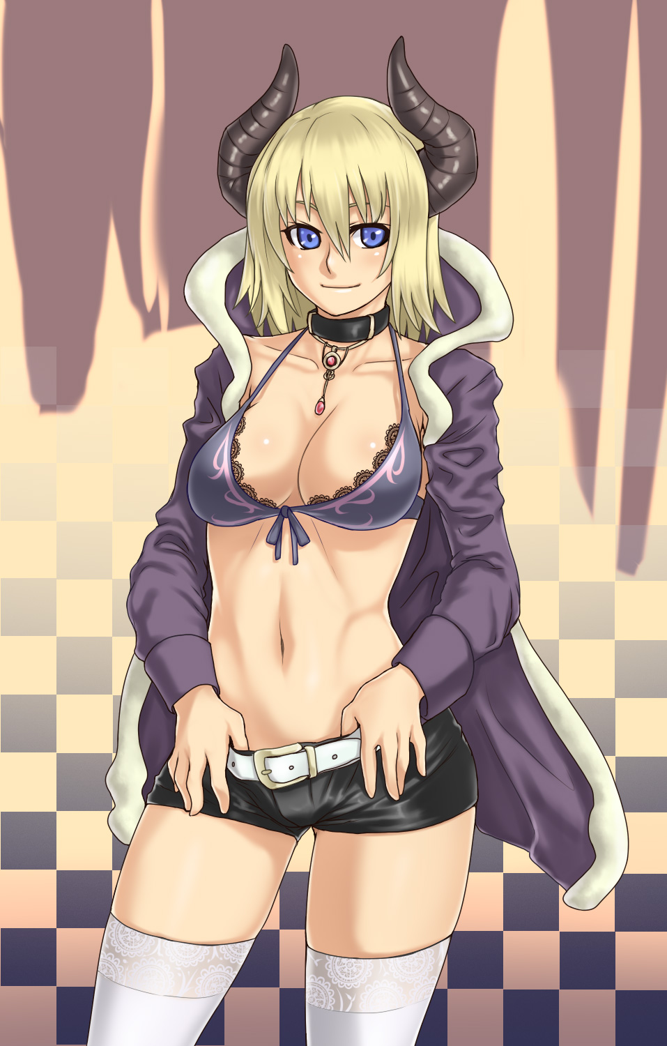 houtengeki, original, lace-trimmed legwear, highres, 1girl, bikini, blonde hair, blue eyes, bra, breasts, checkered clothes, checkered legwear, choker, cleavage, collar, female focus, front-tie top, horns, hou takashi ji, jewelry, lace, lace trim, large breasts, navel, necklace, short shorts, shorts, solo, swimsuit, thighhighs, underwear, white thighhighs