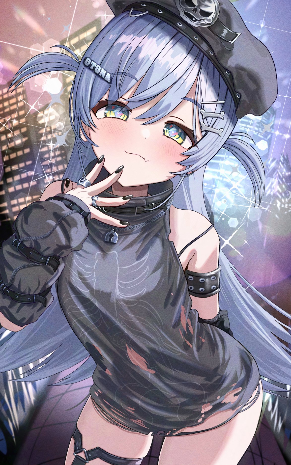 n/p (xrey2588), vspo!, highres, 1girl, aqua eyes, arm warmers, armlet, beret, black arm warmers, black hat, black nails, black shirt, blue hair, blurry, blurry background, bone hair ornament, city lights, cityscape, closed mouth, cowboy shot, fang, flipped hair, hair ornament, hairclip, hairpin, hat, jewelry, long hair, looking at viewer, multiple rings, nail polish, ring, shirt, skeleton print, skin fang, sleeveless, sleeveless shirt, smile, solo, strap slip, thigh strap, torn clothes, torn shirt, two side up, virtual youtuber, yano kuromu (1st costume)