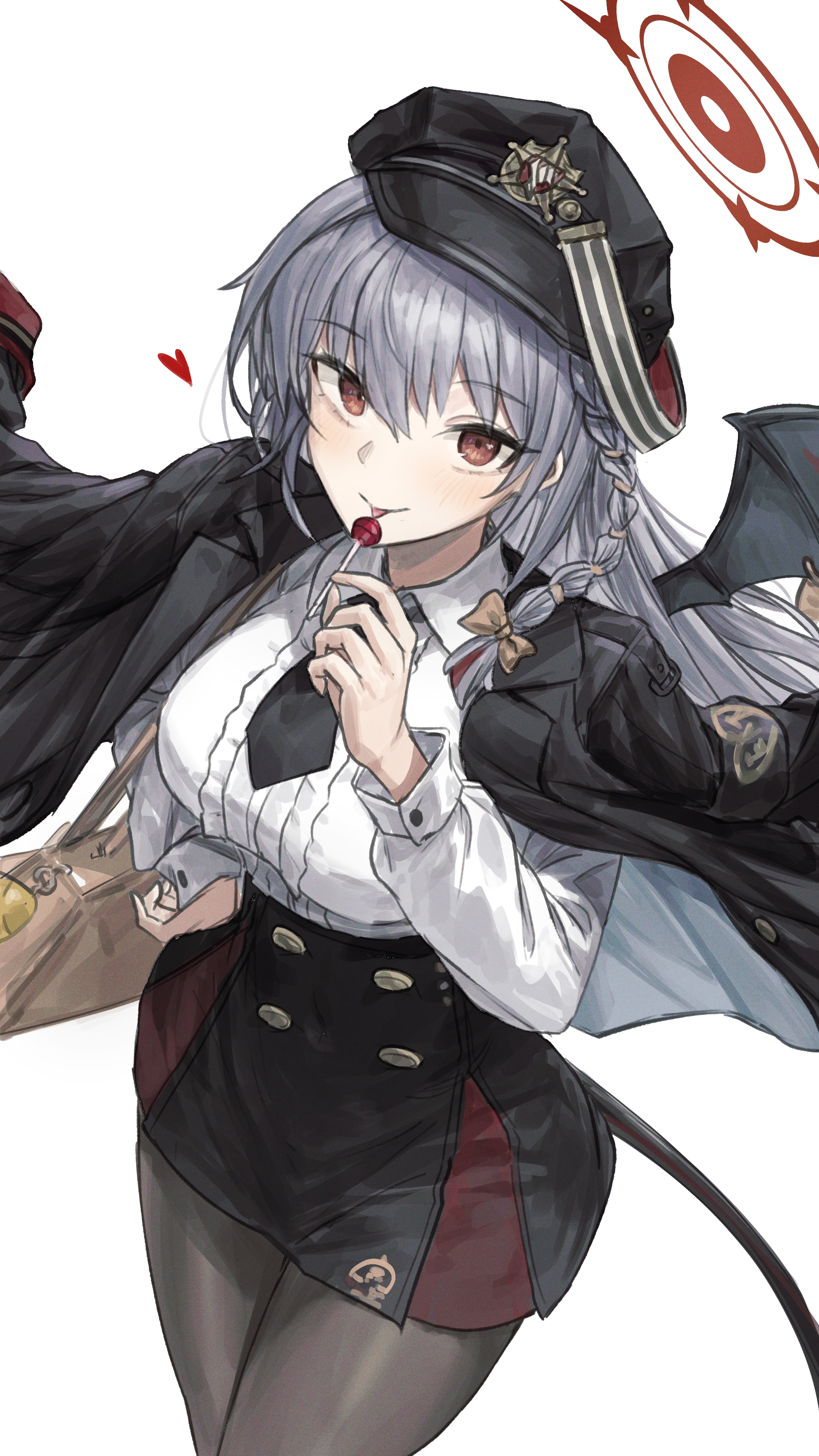 gabang, haruna (blue archive), blue archive, absurdres, highres, 1girl, black hat, black jacket, black pantyhose, black skirt, breasts, candy, food, grey hair, halo, hat, holding, holding candy, holding food, holding lollipop, jacket, jacket on shoulders, large breasts, lollipop, long hair, looking at viewer, pantyhose, red eyes, red halo, shirt, simple background, skirt, solo, white background, white shirt