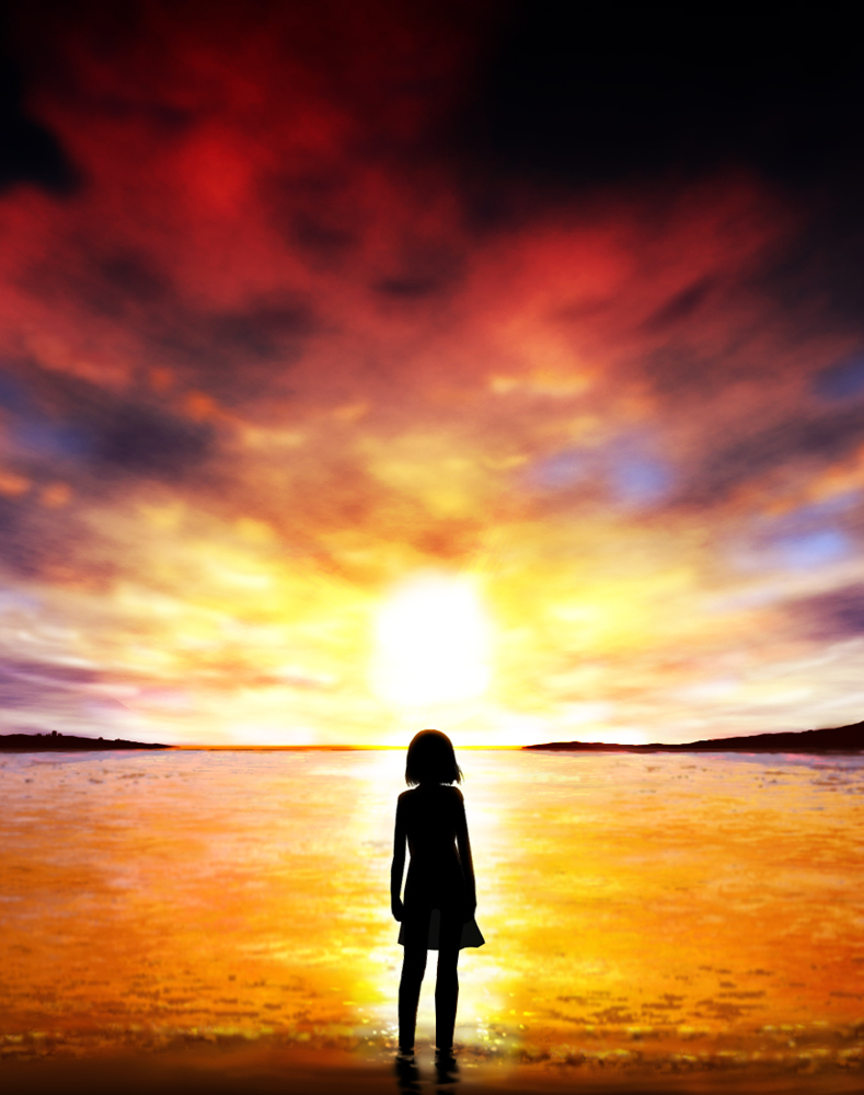 siraha, original, bad id, bad pixiv id, 1girl, backlighting, beach, cloud, cloudy sky, dress, female focus, from behind, full body, horizon, looking afar, outdoors, reflection, shore, sky, solo, standing, sunset, water