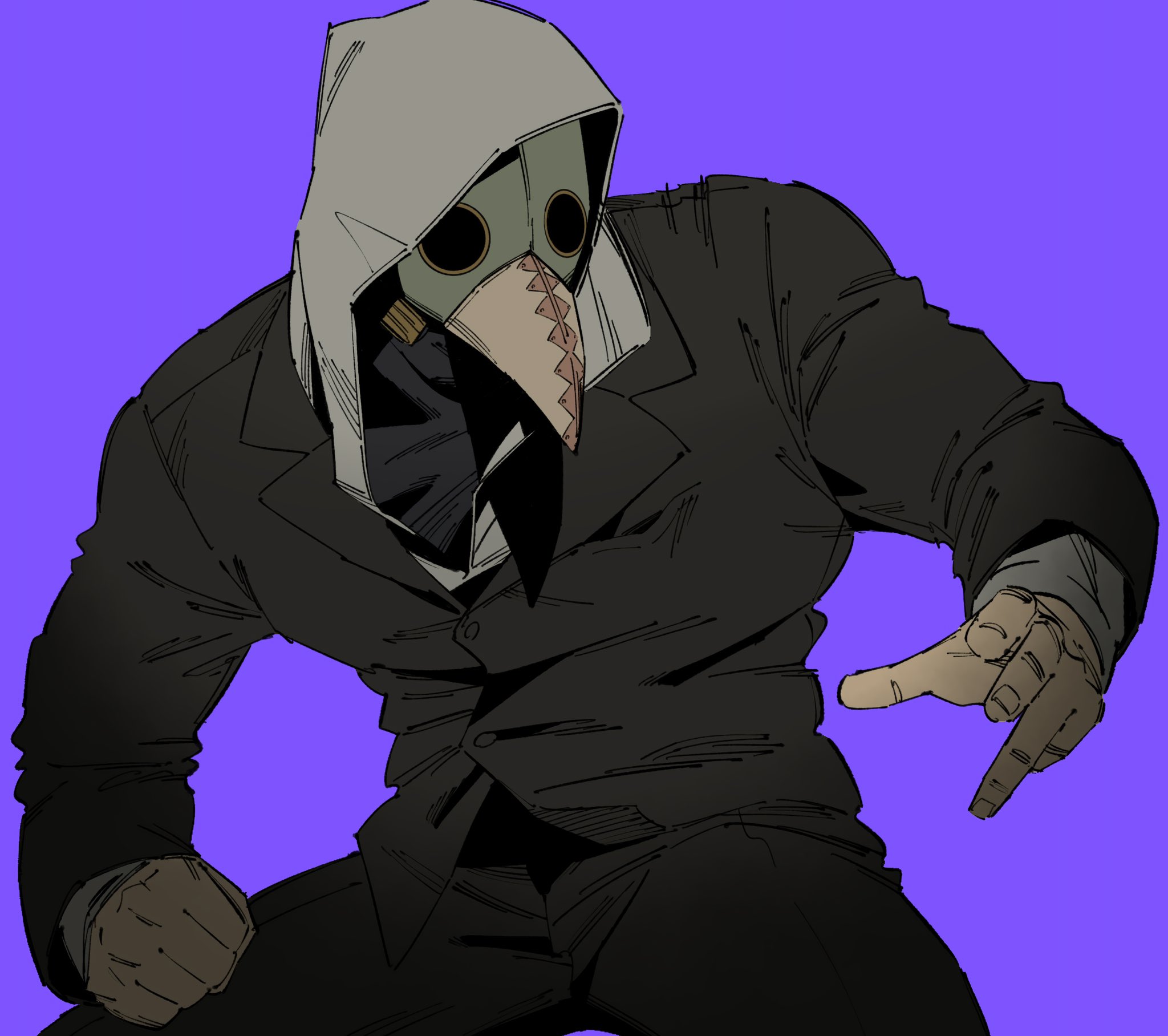shunsuke (narunaru37101), violence fiend (chainsaw man), chainsaw man, highres, 1boy, black suit, business suit, clenched hand, cowboy shot, formal clothes, hood, hood up, hoodie, jacket, male focus, plague doctor mask, purple background, simple background, solo, suit, suit jacket, white hoodie
