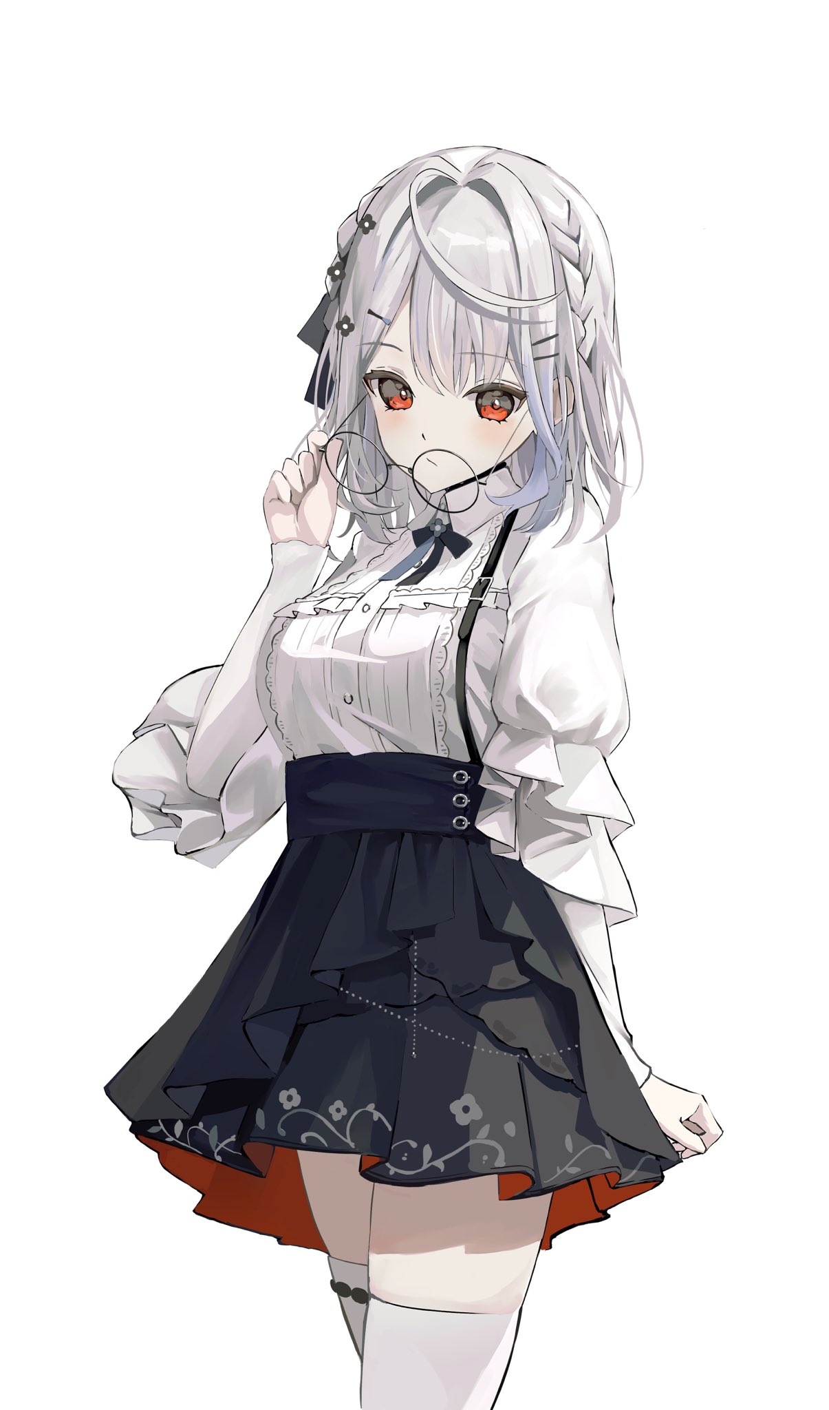 isshin (isshin oekaki), shirona shizuku, neo-porte, highres, second-party source, 1girl, black-framed eyewear, black bow, black bowtie, black skirt, bow, bowtie, braid, breasts, collared shirt, frilled shirt, frills, glasses, grey hair, hair ornament, hairclip, high-waist skirt, holding, holding removed eyewear, long sleeves, looking at viewer, medium hair, official alternate hair length, official alternate hairstyle, puffy sleeves, red eyes, ribbon, round eyewear, shirt, simple background, skirt, solo, suspender skirt, suspenders, unworn eyewear, virtual youtuber, white background, white shirt