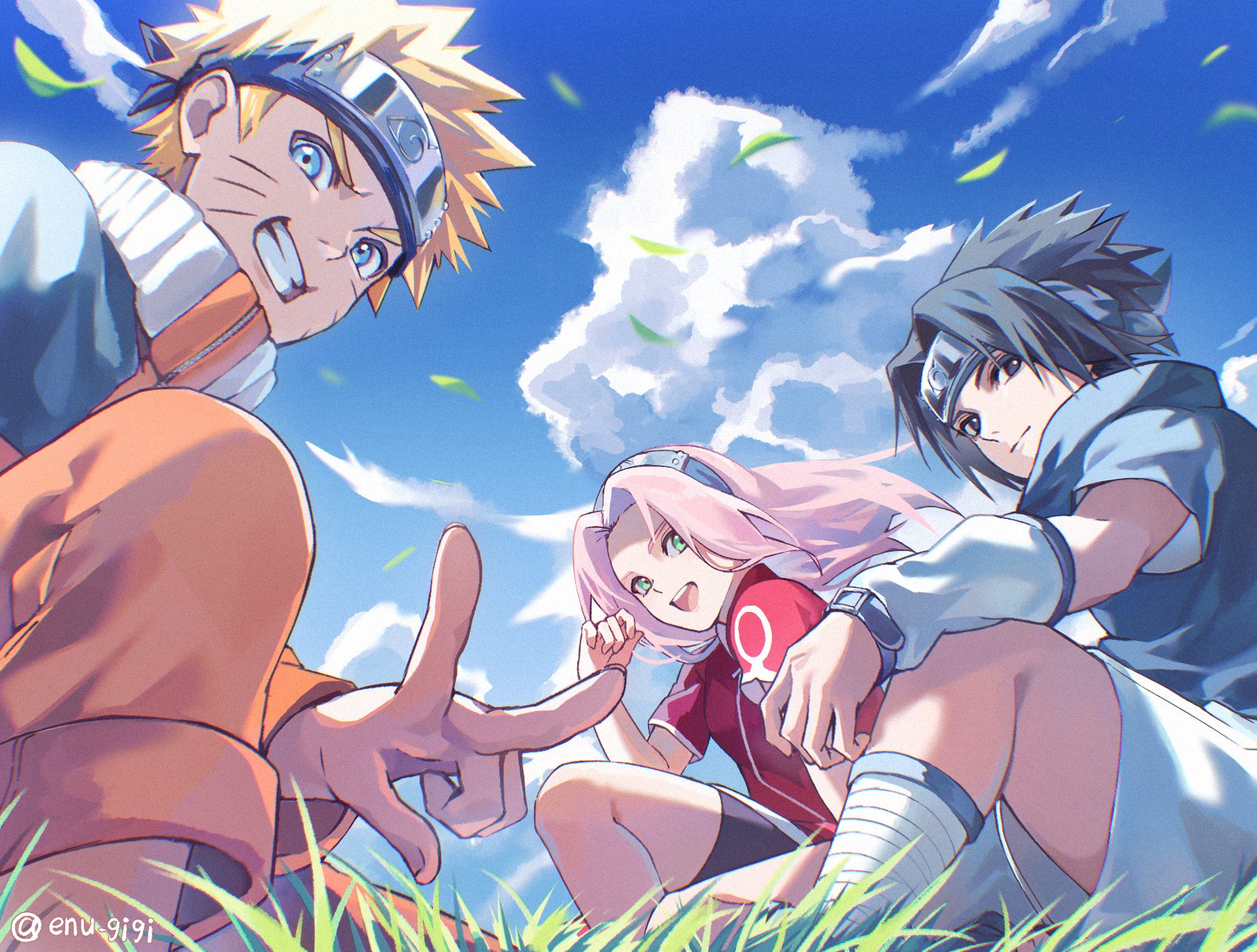 haruno sakura, uchiha sasuke, uzumaki naruto, naruto (classic), naruto (series), highres, 1girl, 2boys, :d, black eyes, black hair, black shorts, blonde hair, blue eyes, closed mouth, cloud, cloudy sky, detached sleeves, dress, enu gigi, facial mark, forehead protector, grass, green eyes, jacket, konohagakure symbol, long hair, long sleeves, looking at viewer, multiple boys, on grass, open mouth, orange jacket, orange pants, pants, pink hair, red dress, shirt, short hair, short sleeves, shorts, sky, smile, spiked hair, twitter username, v, whisker markings, white shorts
