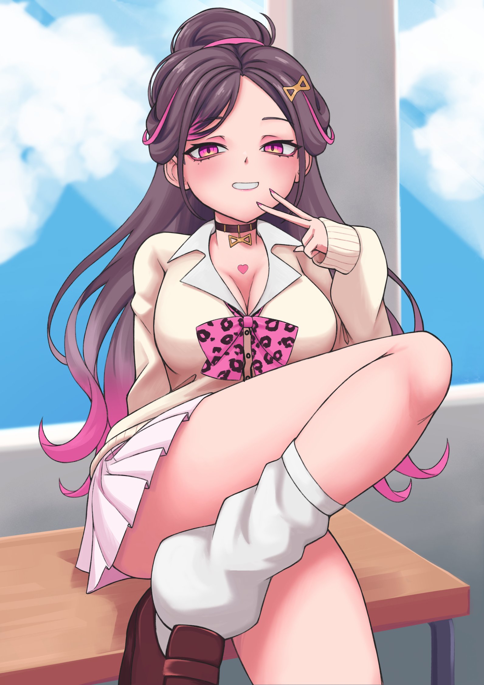 ragerkgk, himemiya rie, phase connect, highres, 1girl, animal print, black hair, bow, breasts, brown shoes, desk, gradient hair, hair ornament, heart, leopard print, long hair, loose socks, multicolored hair, on desk, pink bow, pink eyes, pink hair, pleated skirt, school desk, shoes, sitting, skirt, sleeves past wrists, socks, solo, streaked hair, sweater, v, virtual youtuber, white socks, yellow sweater