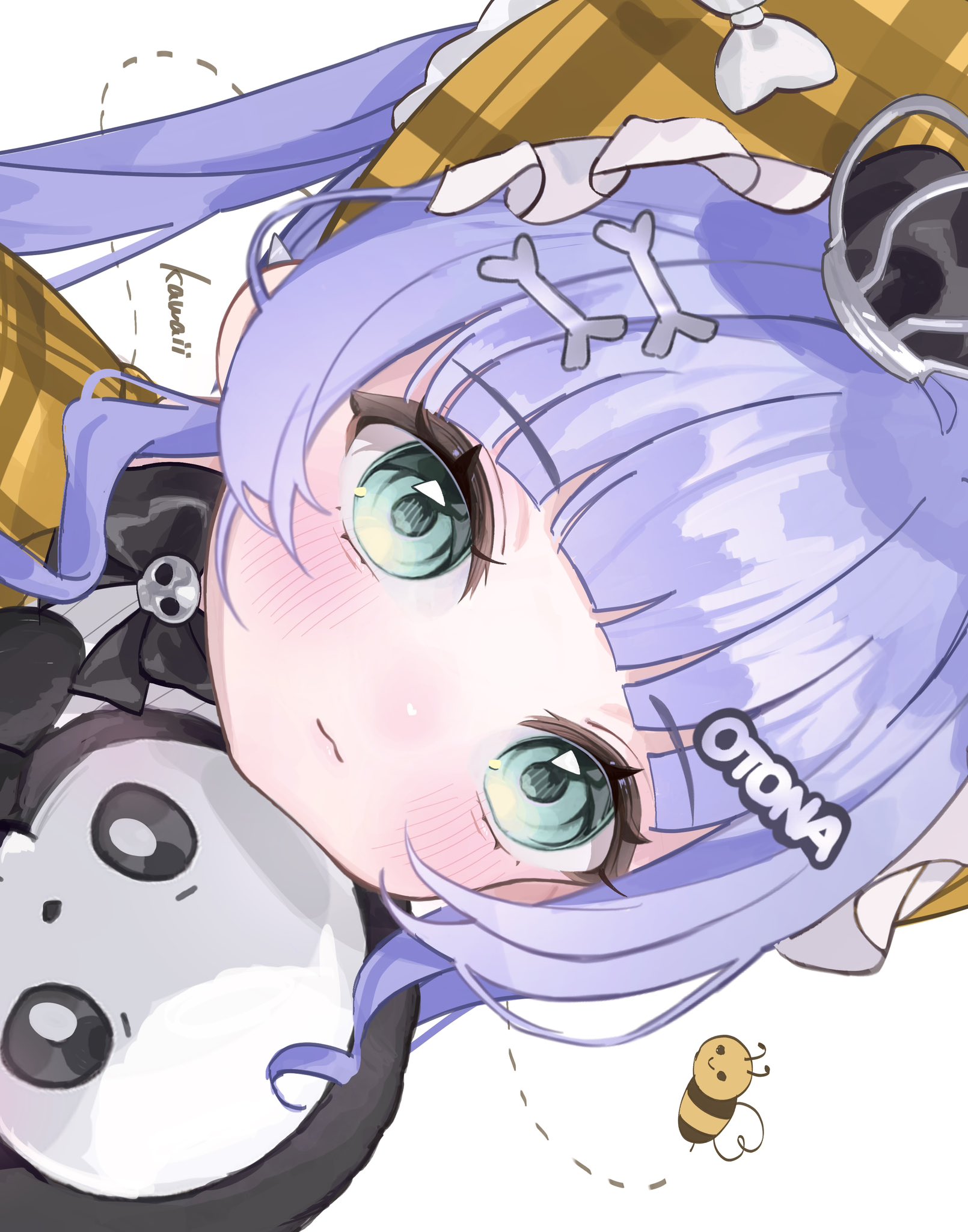 vspo!, highres, 1girl, aqua eyes, bee, black bow, black bowtie, blue hair, blush, bone hair ornament, bonnet, bow, bowtie, bug, closed mouth, crown, frilled bonnet, frills, hair ornament, hairclip, insect, light smile, long hair, looking at viewer, mini crown, official alternate costume, shiella (4ella art), sideways, simple background, skull brooch, solo, stuffed toy, twintails, upper body, virtual youtuber, white background, yano kuromu (3rd costume)