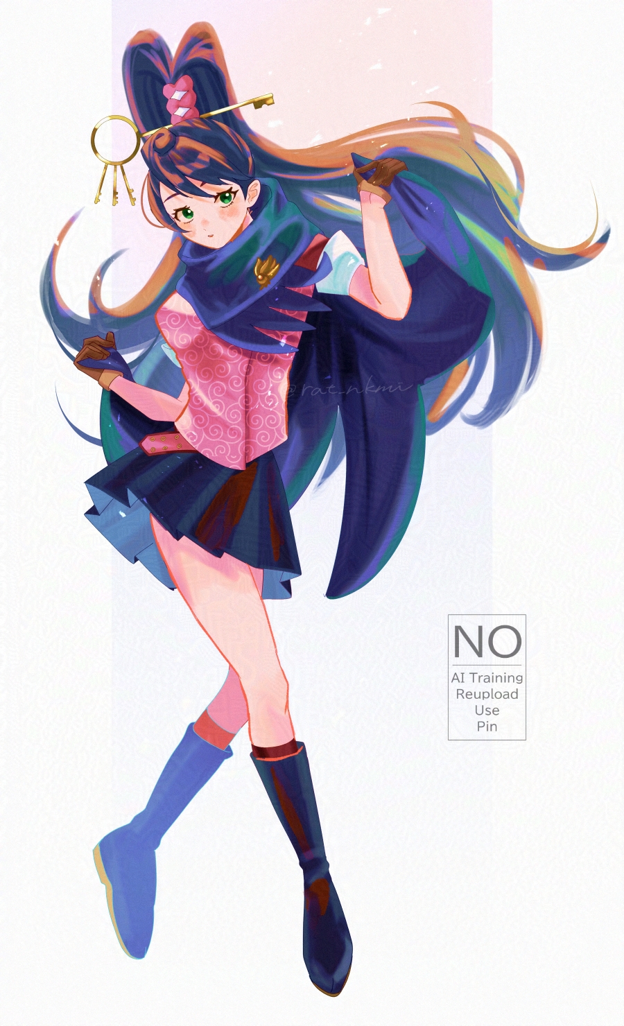rat nkmi, kay faraday, ace attorney, highres, 1girl, black boots, black hair, black skirt, boots, brown gloves, full body, gloves, green eyes, high ponytail, holding, holding own hair, karakusa (pattern), key hair ornament, long hair, looking at viewer, ponytail, short sleeves, skirt, solo, twitter username, very long hair