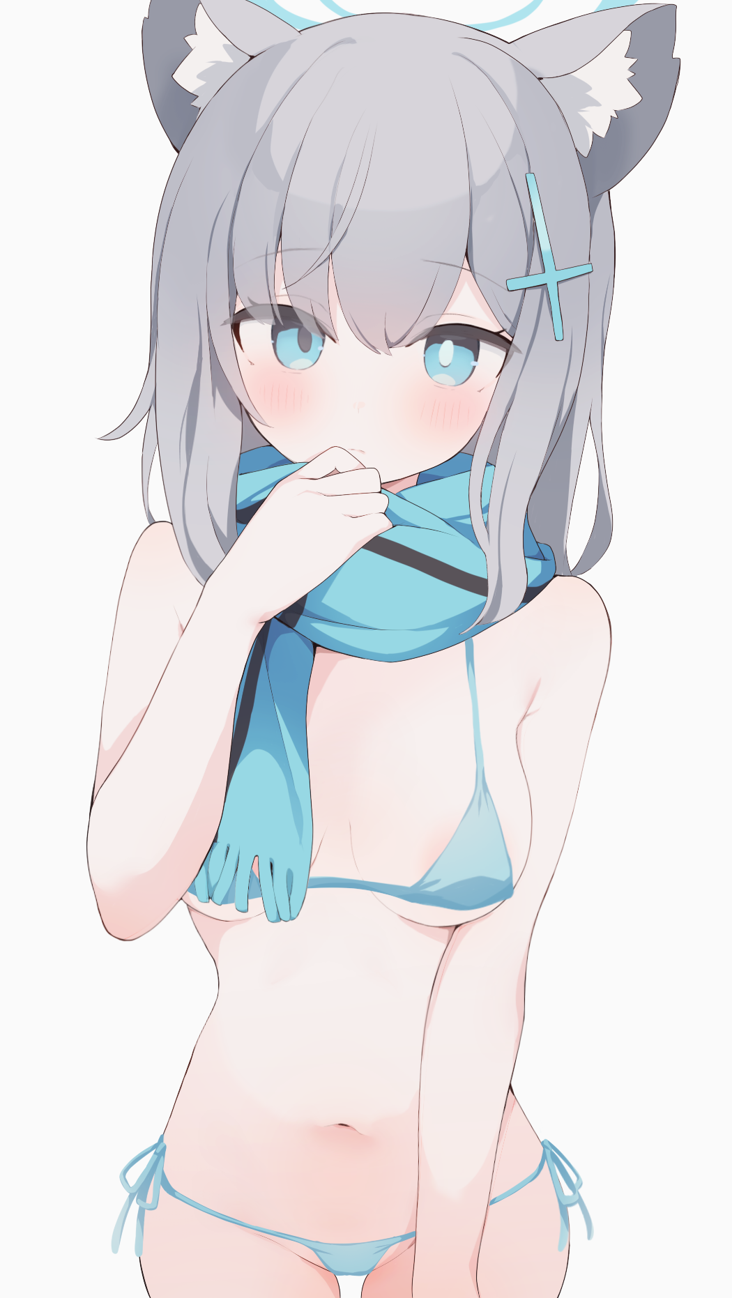 hone kawa, shiroko (blue archive), blue archive, highres, revision, variant set, 1girl, animal ear fluff, animal ears, areola slip, bikini, blue bikini, blue eyes, blue halo, blue scarf, blush, breasts, bright pupils, closed mouth, cowboy shot, cross, cross hair ornament, grey hair, hair ornament, halo, hand up, inverted cross, looking at viewer, medium breasts, medium hair, micro bikini, mismatched pupils, navel, scarf, side-tie bikini bottom, simple background, solo, string bikini, swimsuit, white background, white pupils, wolf ears, wolf girl