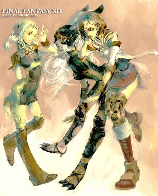 mos, ashelia b'nargin dalmasca, fran (ff12), penelo, final fantasy, final fantasy xii, brown footwear, 00s, 3girls, albino, animal ears, armor, belt, blonde hair, blunt bangs, boots, braid, breasts, brown hair, copyright name, detached sleeves, earrings, full body, hand on own head, hat, jewelry, large breasts, leaning forward, leather armor, leotard, light frown, long hair, looking at viewer, mechanical legs, multiple girls, parted lips, rabbit ears, red eyes, ring, romper, short hair, side slit, skirt, swept bangs, twin braids, twintails, underbust, viera, white hair, wrist cuffs