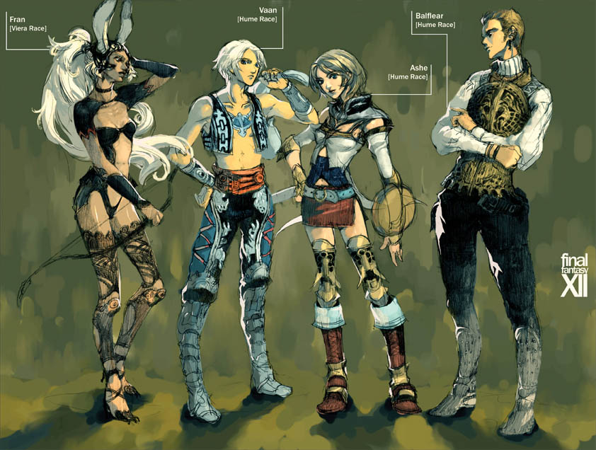 mos, ashelia b'nargin dalmasca, balflear, fran (ff12), vaan (ff12), final fantasy, final fantasy xii, ivalice alliance, 00s, 2boys, 2girls, bow (weapon), crossed arms, multiple boys, multiple girls, revealing clothes, shield, skirt, standing, viera, weapon