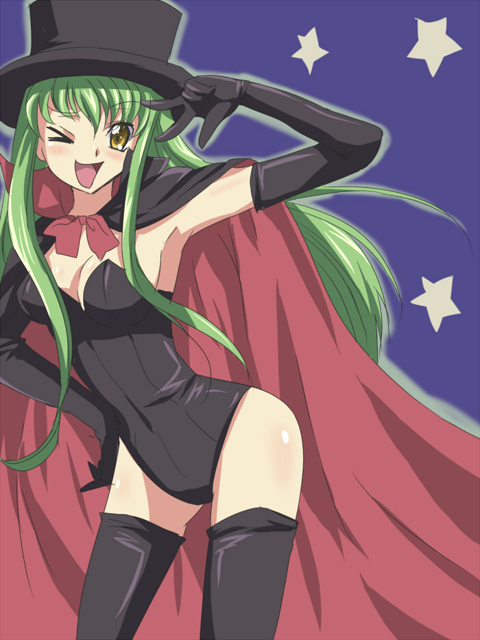 maruki (punchiki), c.c., code geass, bad id, bad pixiv id, cape, cosplay, elbow gloves, gloves, green hair, hat, hip focus, long hair, one eye closed, solo, thighhighs, wide hips, wink, yellow eyes
