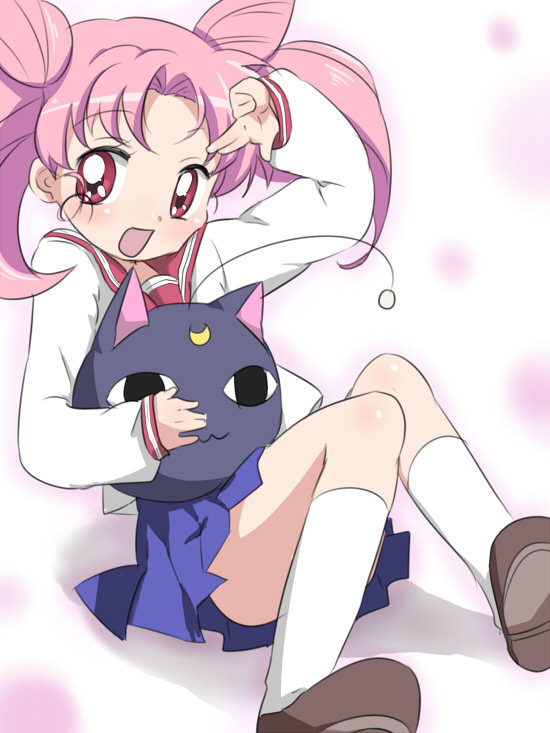 maruki (punchiki), chibi usa, luna-p, bishoujo senshi sailor moon, bishoujo senshi sailor moon r, bad id, bad pixiv id, 1990s (style), child, cone hair bun, hair bun, pink hair, red eyes, retro artstyle, school uniform, skirt, solo