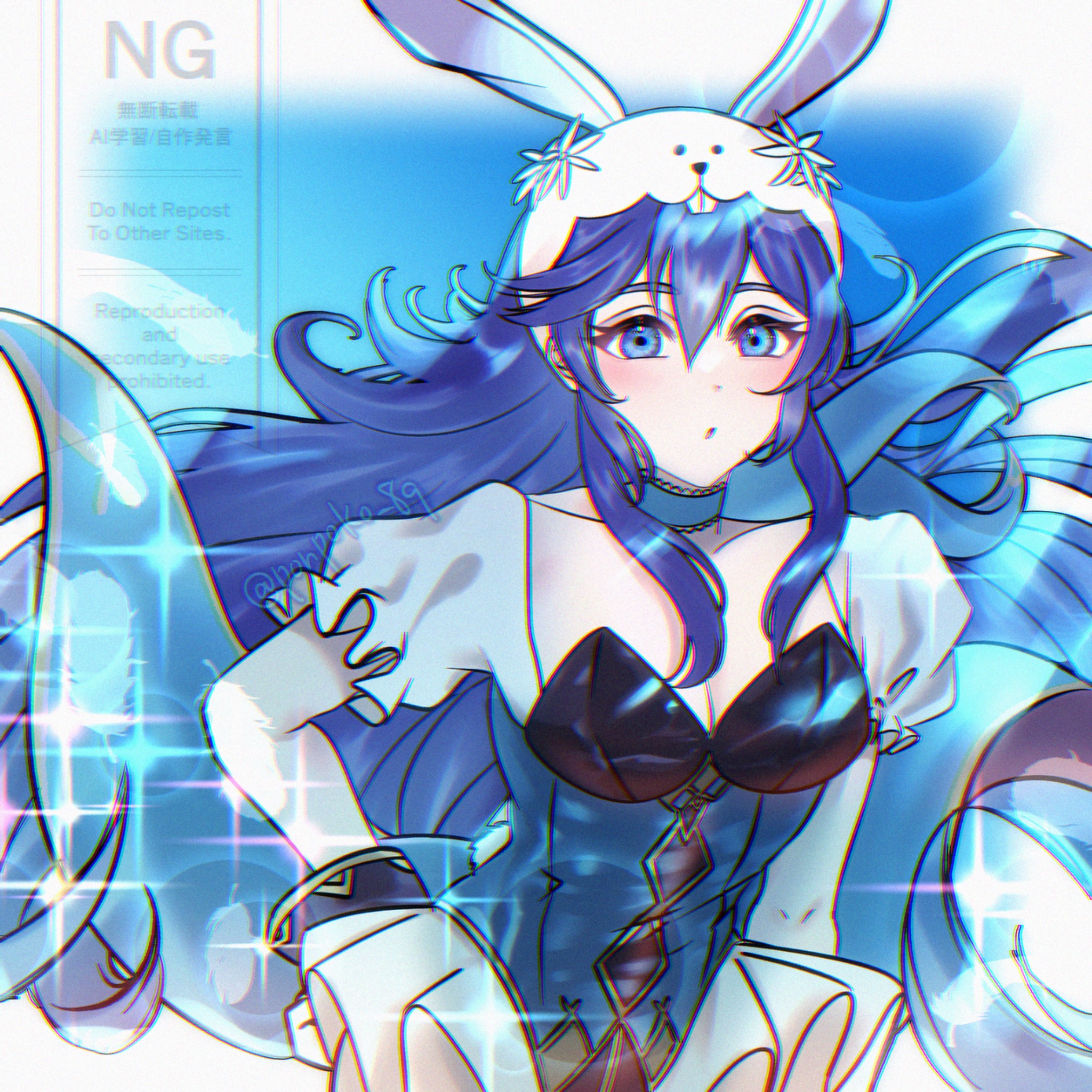 ponpoko89, lucina (fire emblem), lucina (spring exalt) (fire emblem), fire emblem, fire emblem awakening, fire emblem heroes, nintendo, highres, 1girl, animal ears, animal hood, blue eyes, blue hair, breasts, chromatic aberration, cleavage, fake animal ears, hair between eyes, hood, long hair, looking at viewer, medium breasts, official alternate costume, puffy short sleeves, puffy sleeves, rabbit hood, short sleeves, solo, twitter username, very long hair