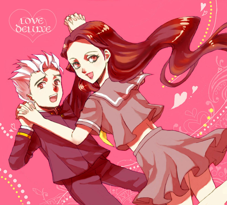 kuchinashi, hirose koichi, yamagishi yukako, diamond is not crash, jojo no kimyou na bouken, bad id, bad pixiv id, 1boy, 1girl, blonde hair, couple, gakuran, heart, height difference, hetero, holding hands, lipstick, long hair, makeup, midriff, open mouth, pink background, pink theme, red eyes, red hair, sailor collar, school uniform, serafuku, short hair, skirt
