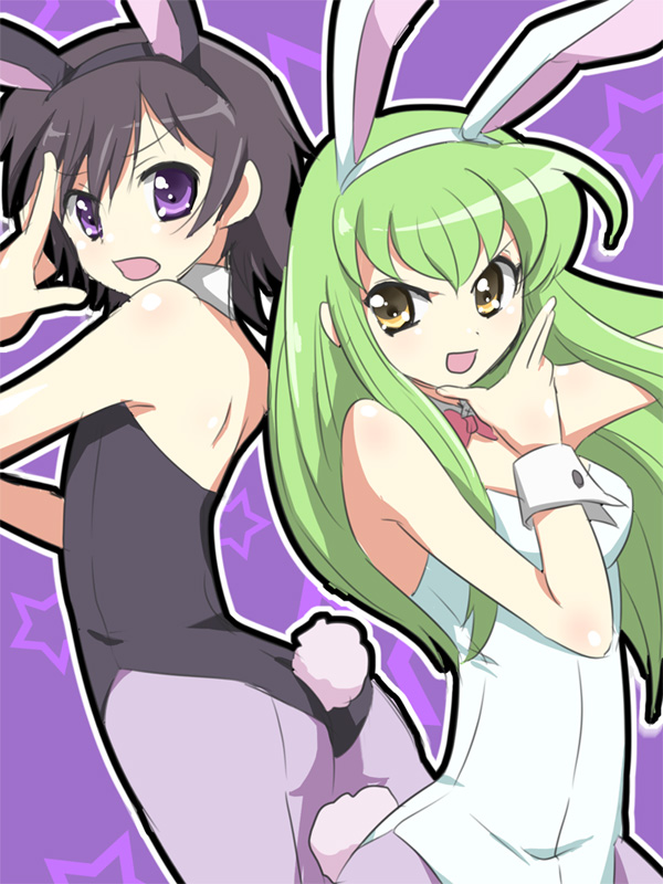 maruki (punchiki), c.c., luluko, code geass, bad id, bad pixiv id, 2girls, animal ears, ass, cosplay, fake animal ears, genderswap, genderswap (mtf), green hair, long hair, multiple girls, pantyhose, playboy bunny, rabbit ears