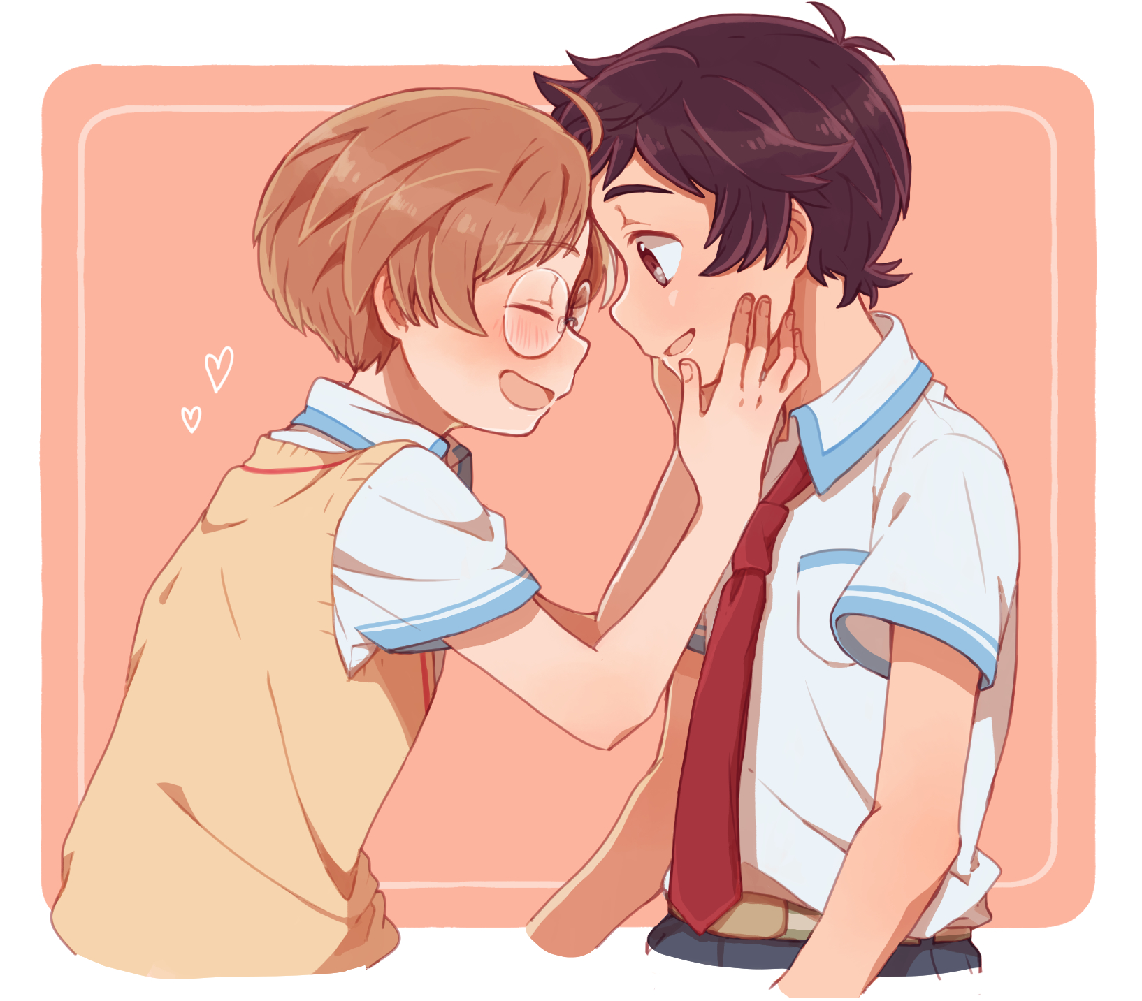 aoya (ayoyame18), jinnai enta, yasaka kazuki, sarazanmai, highres, 2boys, belt, blush, border, brown hair, brown sweater vest, collared shirt, hand on another's face, hands on another's face, happy, heart, male focus, multiple boys, necktie, open mouth, pink background, red necktie, round eyewear, shirt, short hair, short sleeves, sweater vest, white border, white shirt, yaoi
