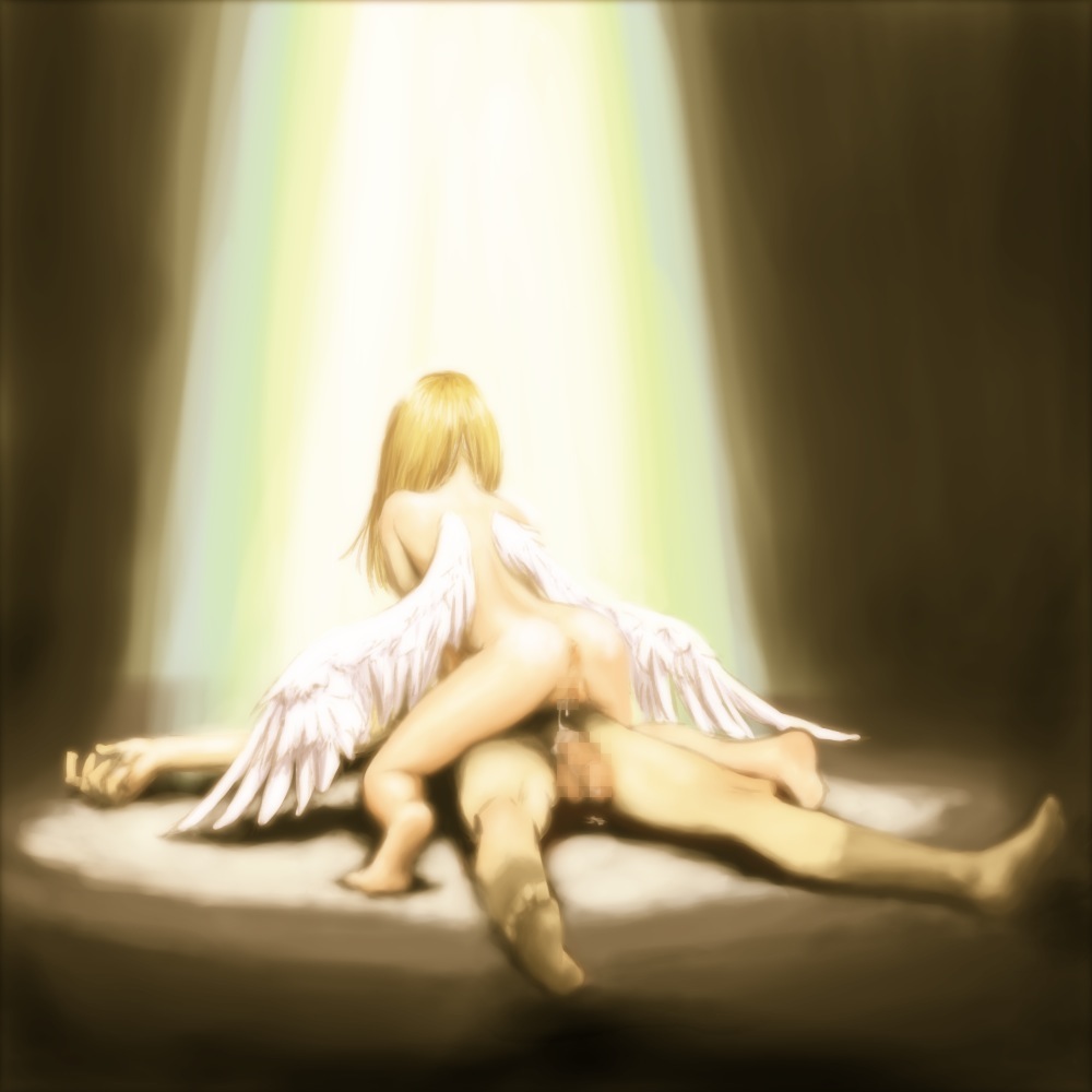 o72, original, 1boy, 1girl, afterglow, aftersex, angel, angel wings, anus, ass, back, barefoot, blonde hair, censored, cowgirl position, cum, cum in pussy, feet, from behind, girl on top, hetero, legs, long hair, nude, penis, pussy, sex, straddling, testicles, wings