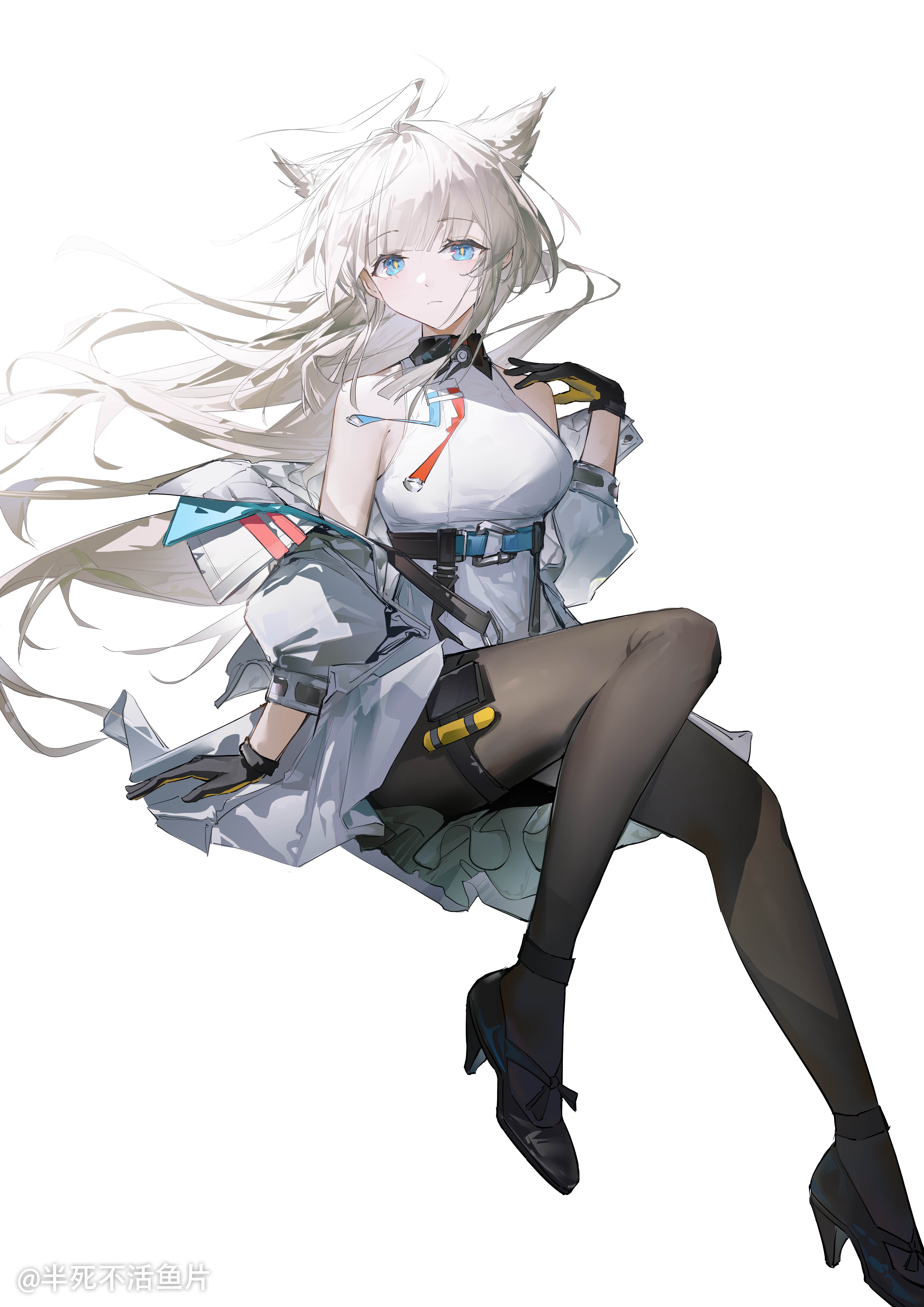 bansibuhuo yu pian, perlica (arknights), arknights, arknights: endfield, absurdres, highres, 1girl, animal ears, bare shoulders, bird ears, bird girl, black gloves, black jacket, black pantyhose, black shoes, blue eyes, breasts, closed mouth, clothes down, dress, full body, gloves, grey hair, high heels, invisible chair, jacket, long hair, looking at viewer, medium breasts, missing commentary, pantyhose, shoes, simple background, sitting, sleeveless, sleeveless dress, solo, white background, white dress, yellow pupils
