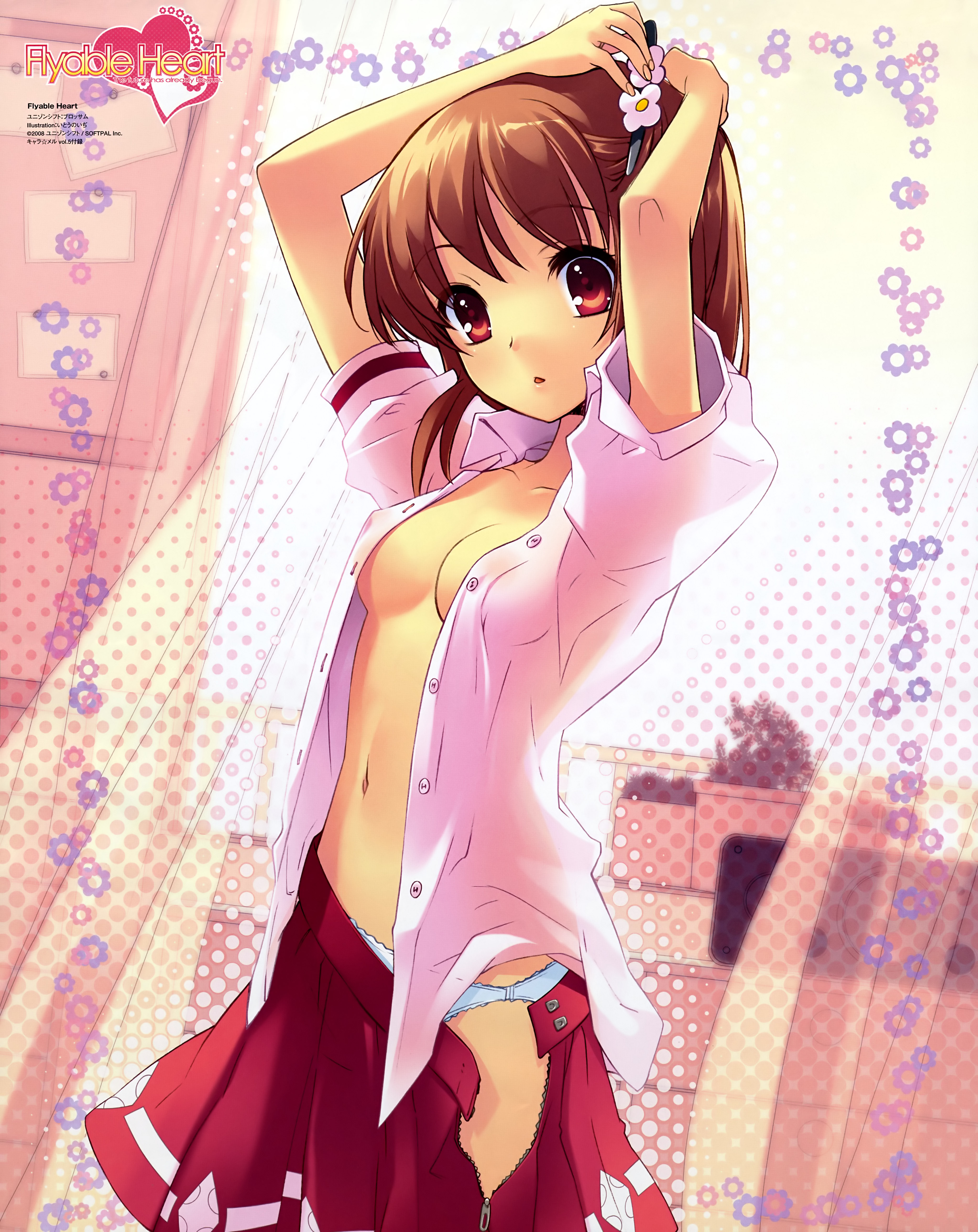 ito noizi, inaba yui, charamel, flyable heart, absurdres, highres, official art, scan, 1girl, :o, adjusting hair, arms up, blue panties, breasts, brown hair, clothes pull, curtains, female focus, flower, hair ornament, hairpin, heart, midriff, navel, no bra, open clothes, open mouth, open shirt, open skirt, panties, pink eyes, pleated skirt, school uniform, shirt, short hair, sideboob, skirt, skirt pull, solo, standing, unbuttoned, underwear, unzipped, white panties, window, zipper