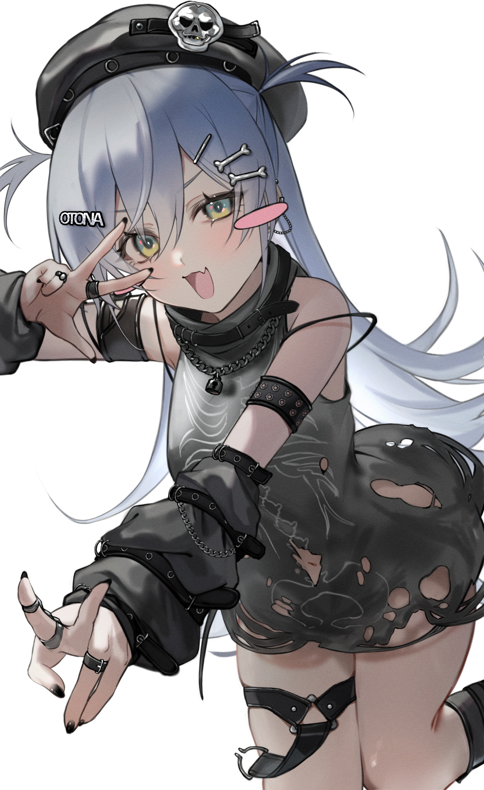 1046u, yano kuromu, vspo!, highres, 1girl, :d, aqua eyes, arm warmers, armlet, beret, black arm warmers, black hat, black nails, black shirt, blue hair, blush stickers, bone hair ornament, chain, chain necklace, double v, fang, flipped hair, hair ornament, hairclip, hairpin, hat, jewelry, long hair, looking at viewer, multiple rings, nail polish, necklace, open mouth, ring, shirt, simple background, single blush sticker, skin fang, sleeveless, sleeveless shirt, smile, solo, strap slip, thigh strap, torn clothes, torn shirt, two side up, uneven eyes, v, v over eye, virtual youtuber, white background, yano kuromu (1st costume)