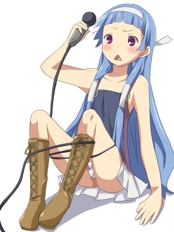 maruki (punchiki), nagi, kannagi, bad id, bad pixiv id, 00s, 1girl, :<, blue hair, blunt bangs, boots, entangled, female focus, flat chest, hair tubes, hairband, long hair, microphone, pleated skirt, purple eyes, rope, skirt, solo, triangle mouth, white skirt