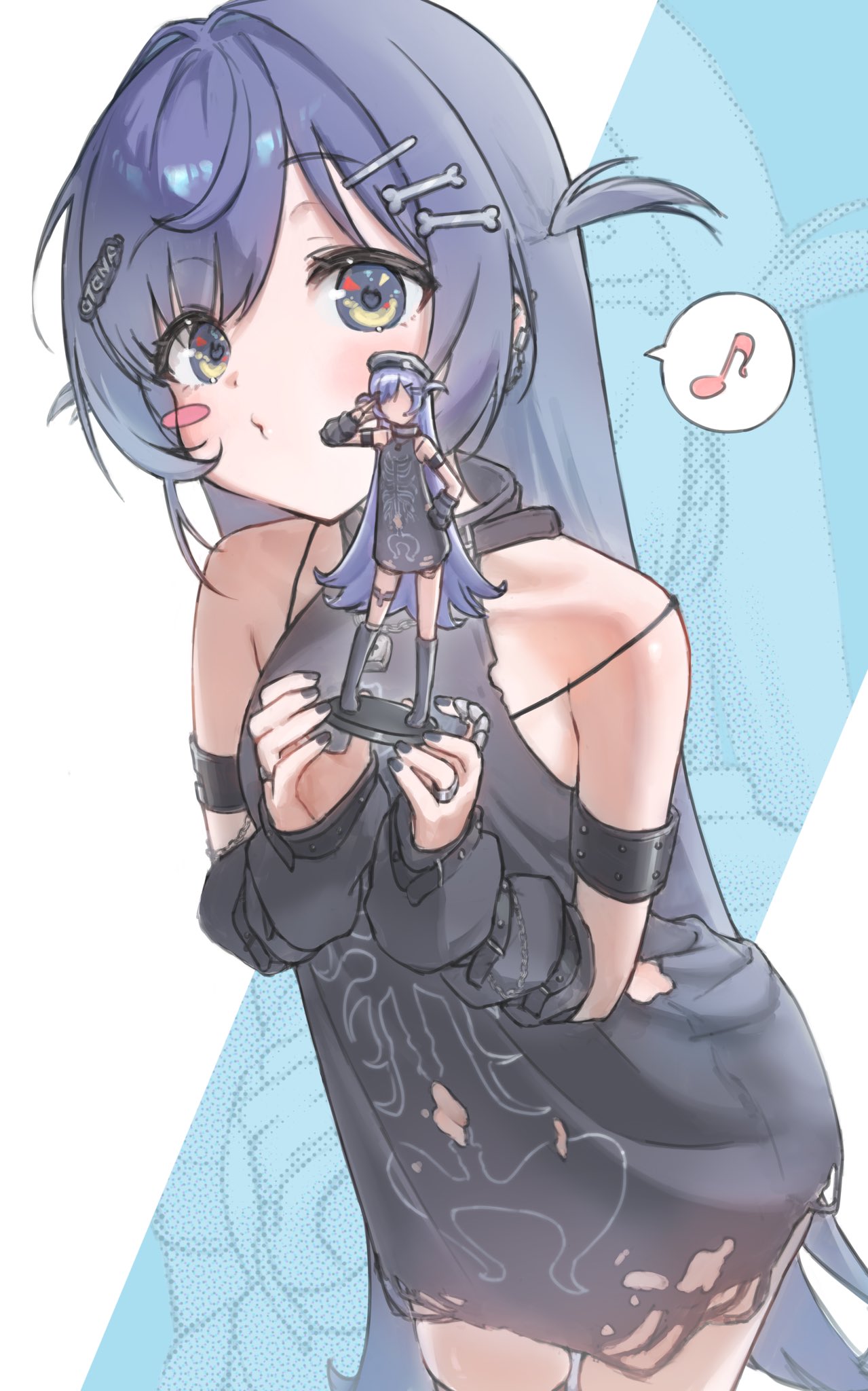 yano kuromu, vspo!, highres, 1girl, action figure, bare shoulders, black arm warmers, black shirt, blue eyes, blue hair, blush stickers, bone hair ornament, character doll, closed mouth, cowboy shot, doll, flipped hair, hair ornament, hairclip, hairpin, holding figure, long hair, looking at viewer, mumu 123454321, musical note, shirt, single blush sticker, skeleton print, sleeveless, sleeveless shirt, solo, spoken musical note, strap slip, torn clothes, torn shirt, two side up, virtual youtuber, yano kuromu (1st costume)