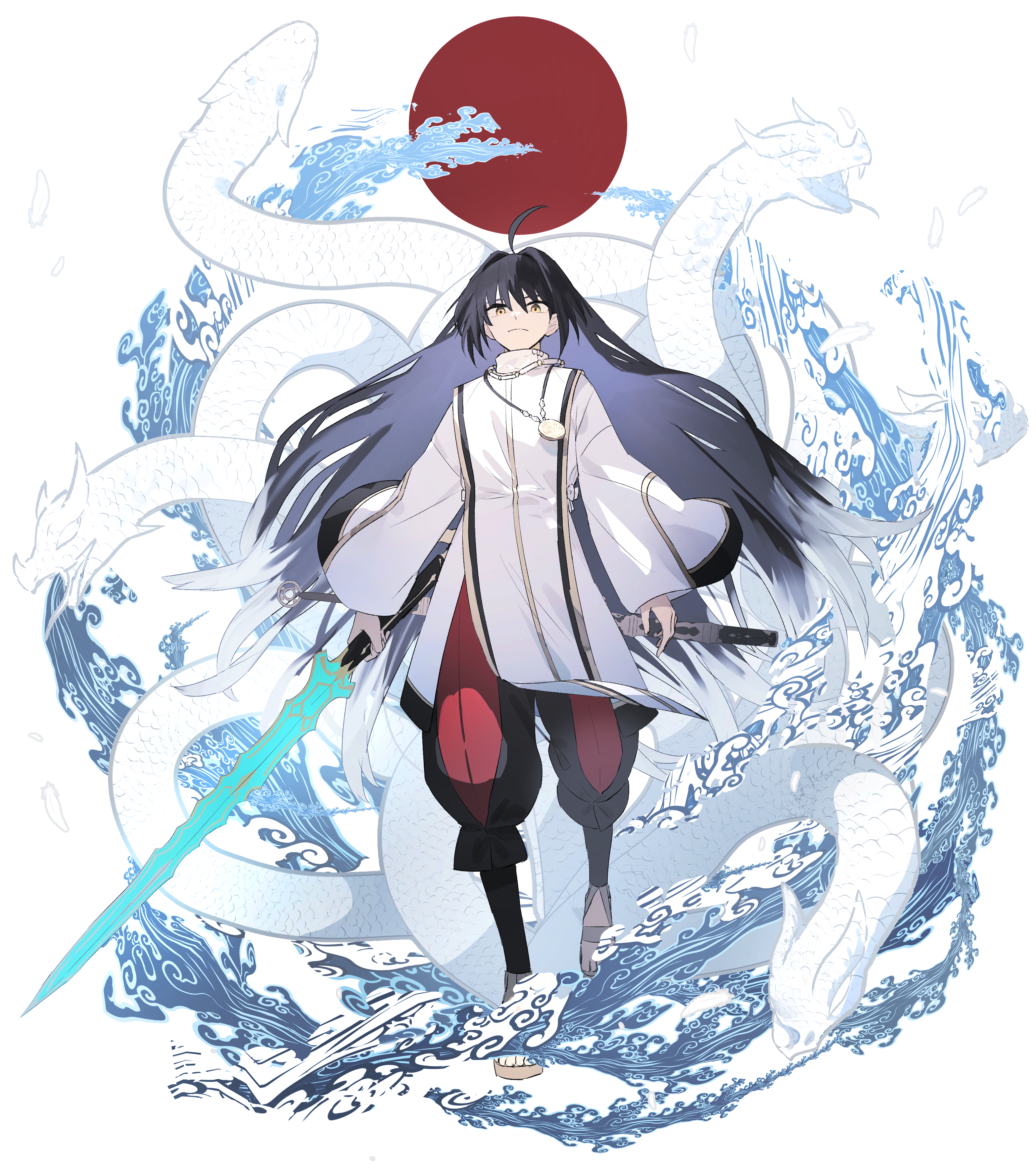 ninjin (ne f g o), yamato takeru (fate), fate/samurai remnant, fate (series), absurdres, commentary request, highres, 1other, ahoge, amenomurakumo-no-tsurugi (fate), black hair, brown eyes, divine water (fate), hair down, holding, holding sword, holding weapon, jewelry, long hair, pendant, sandals, snake, sword, water, weapon, white background