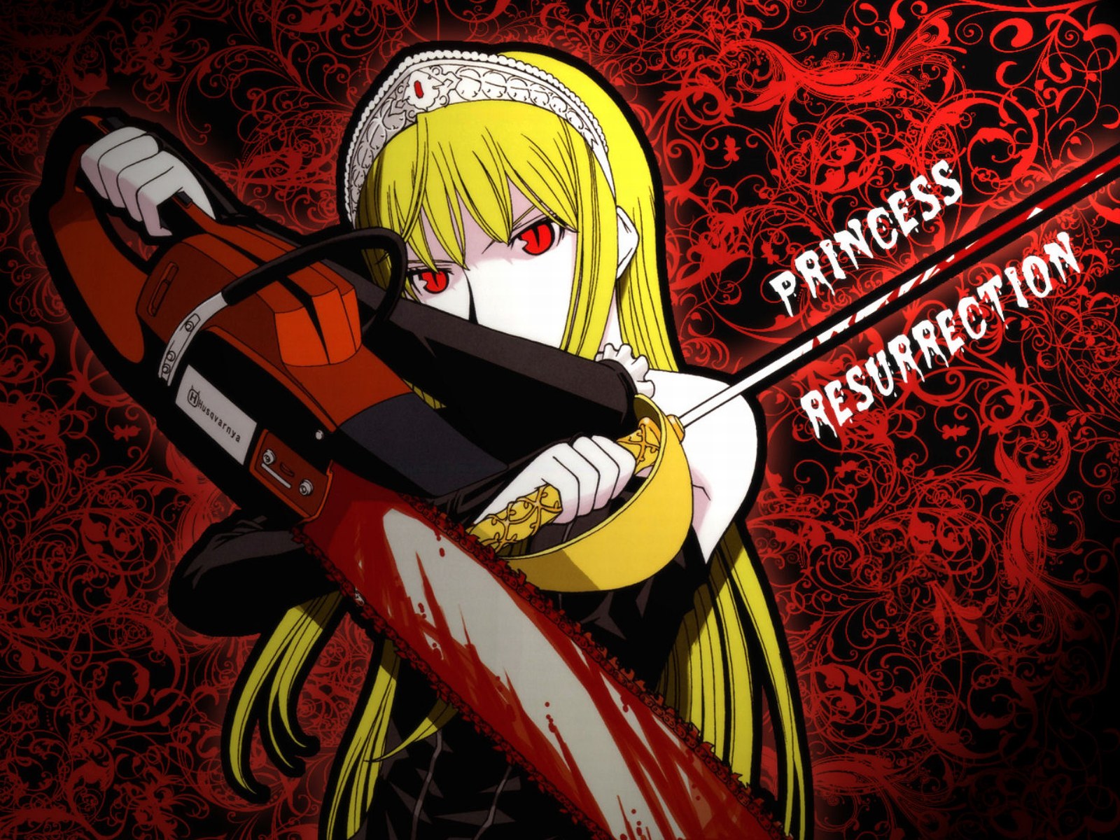 hime (kaibutsu oujo), kaibutsu oujo, highres, 00s, blonde hair, blood, chainsaw, sword, weapon
