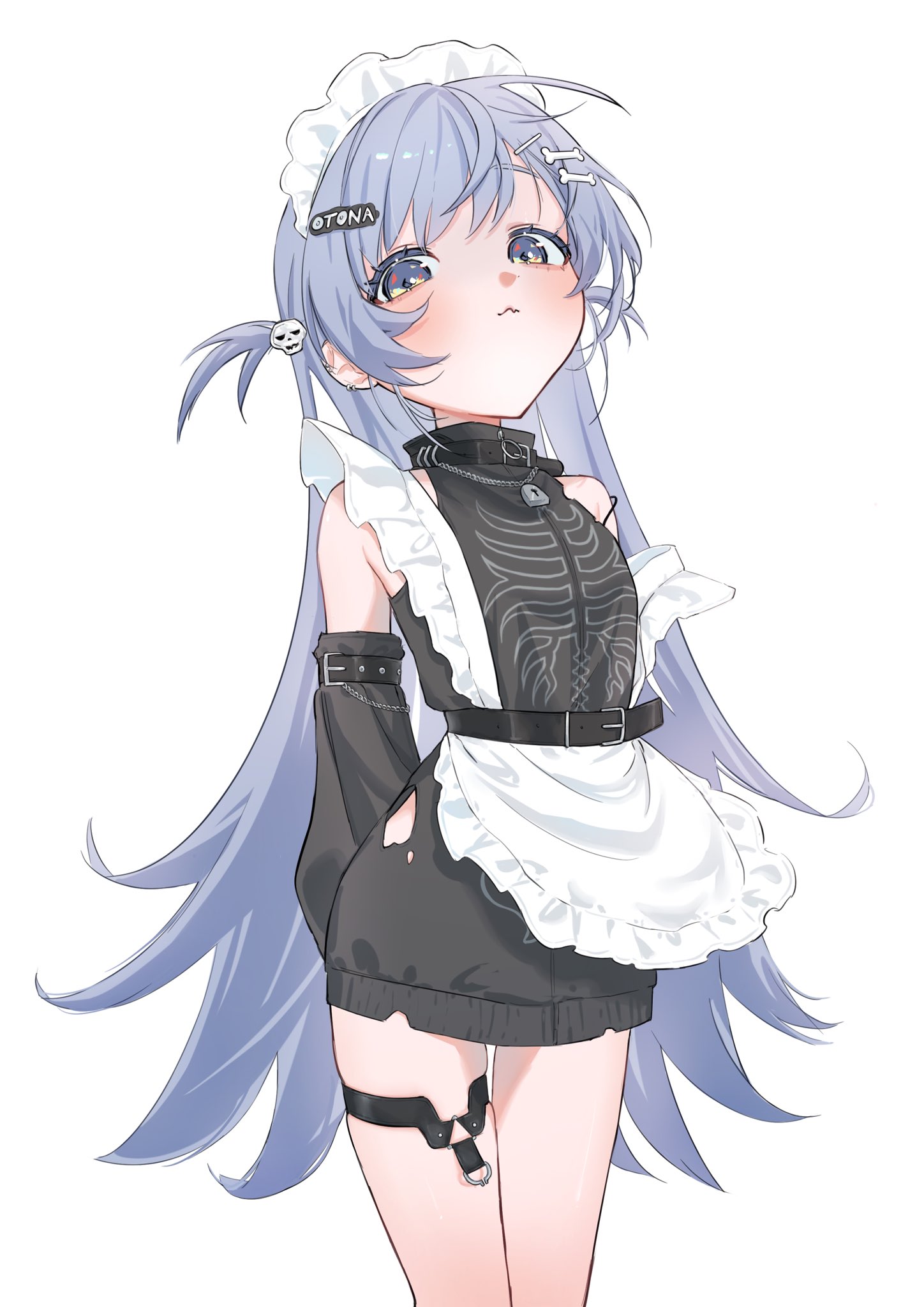 vspo!, highres, 1girl, adapted costume, apron, belt, black arm warmers, black belt, black shirt, blue eyes, blue hair, bone hair ornament, chain, chain necklace, cowboy shot, flipped hair, hair ornament, hairclip, hairpin, jersey maid, jewelry, long hair, looking at viewer, maid, maid apron, maid headdress, mumu 123454321, necklace, shirt, simple background, skeleton print, sleeveless, sleeveless shirt, solo, thigh strap, torn clothes, torn shirt, two side up, unconventional maid, very long hair, virtual youtuber, waist apron, white apron, white background, yano kuromu (1st costume)