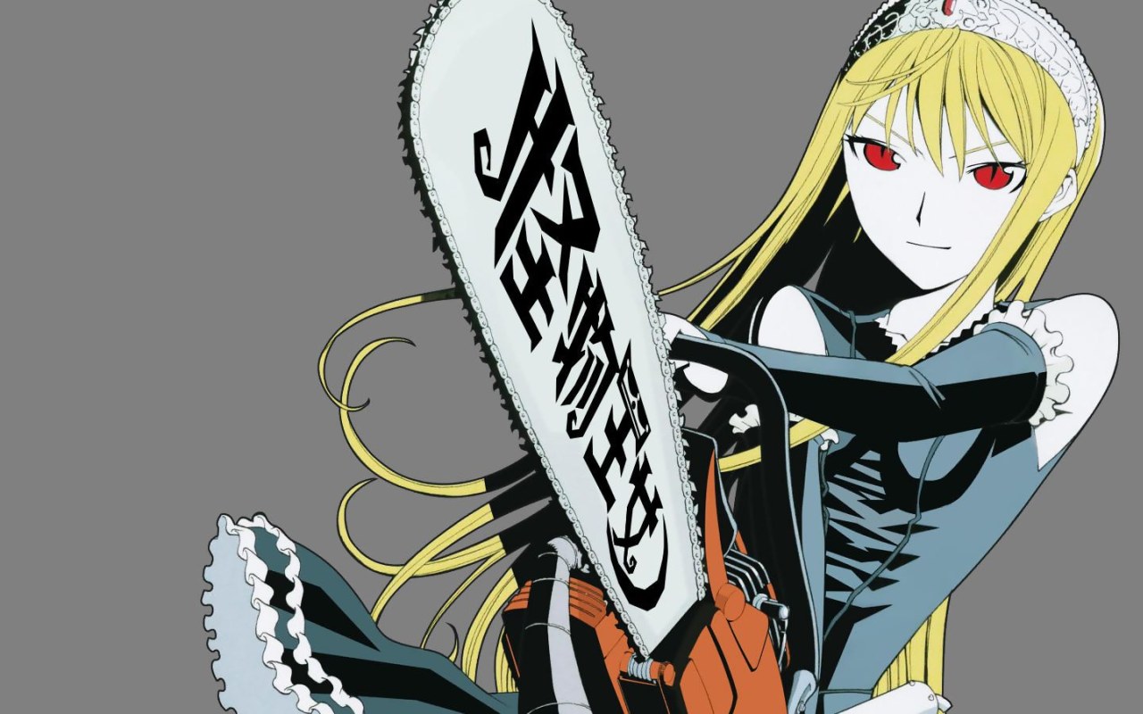 hime (kaibutsu oujo), kaibutsu oujo, 00s, blonde hair, chainsaw, red eyes, tiara