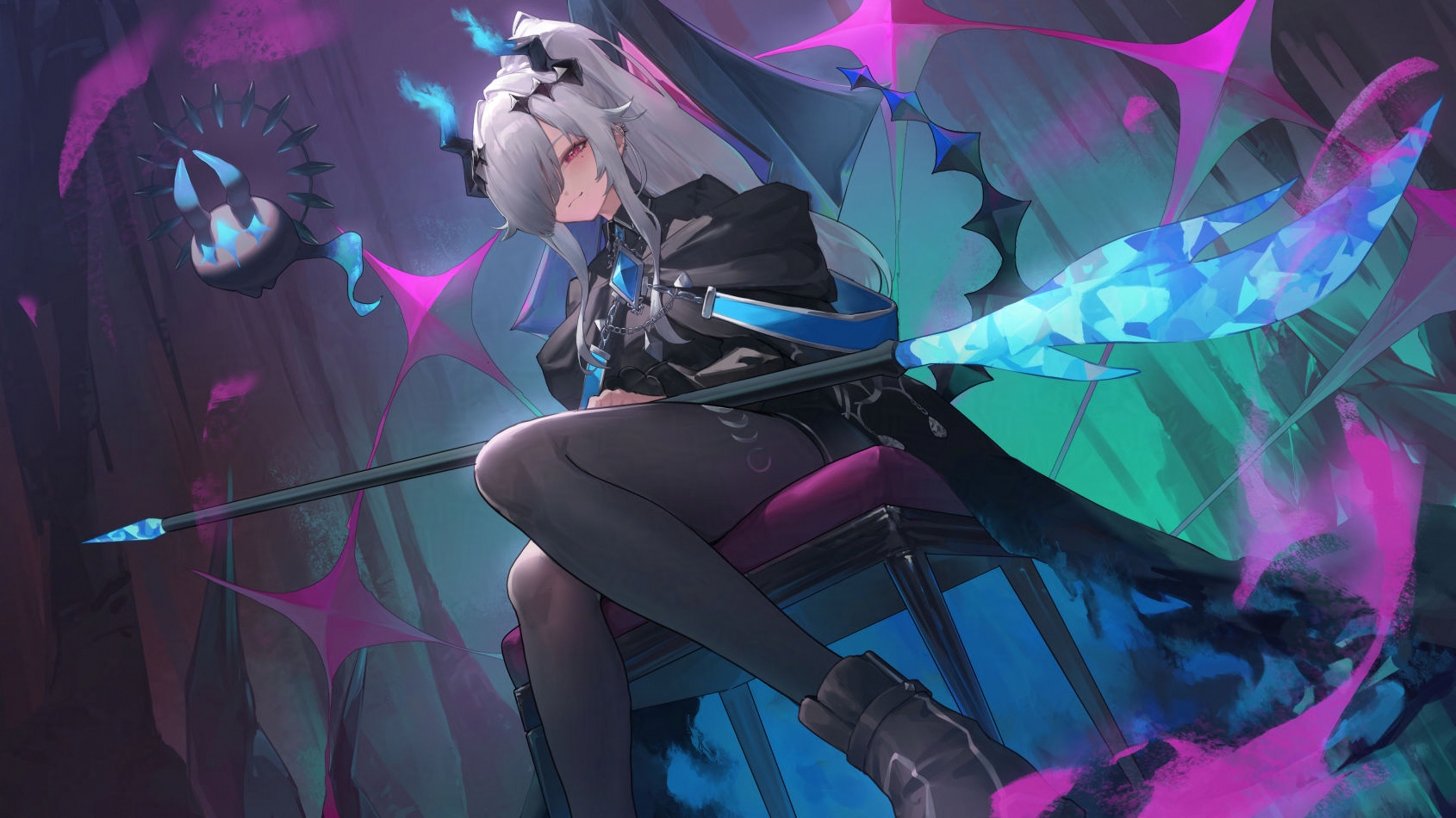 metatarou, indie virtual youtuber, commentary, commentary request, commission, english commentary, highres, mixed-language commentary, skeb commission, 1girl, black boots, black cloak, black collar, black dress, black pantyhose, blue horns, boots, chair, cloak, closed mouth, collar, dress, flaming horns, foot out of frame, from below, grey hair, hair over one eye, high ponytail, holding, holding staff, horns, long bangs, long hair, long sidelocks, looking at viewer, mole, mole under eye, multicolored horns, on chair, pantyhose, ponytail, red eyes, sidelocks, sitting, staff, two-tone horns, virtual youtuber