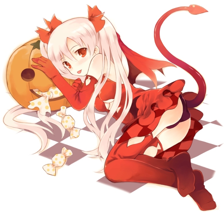 kurasuke, kurasuke's demon girl, original, argyle, 1girl, :p, bat wings, black panties, breasts, candy, demon girl, demon tail, demon wings, elbow gloves, female focus, food, gloves, jack-o'-lantern, long hair, lying, panties, pink hair, pumpkin, red eyes, red gloves, red thighhighs, small breasts, solo, spade, tail, thighhighs, tongue, tongue out, twintails, underboob, underwear, wings
