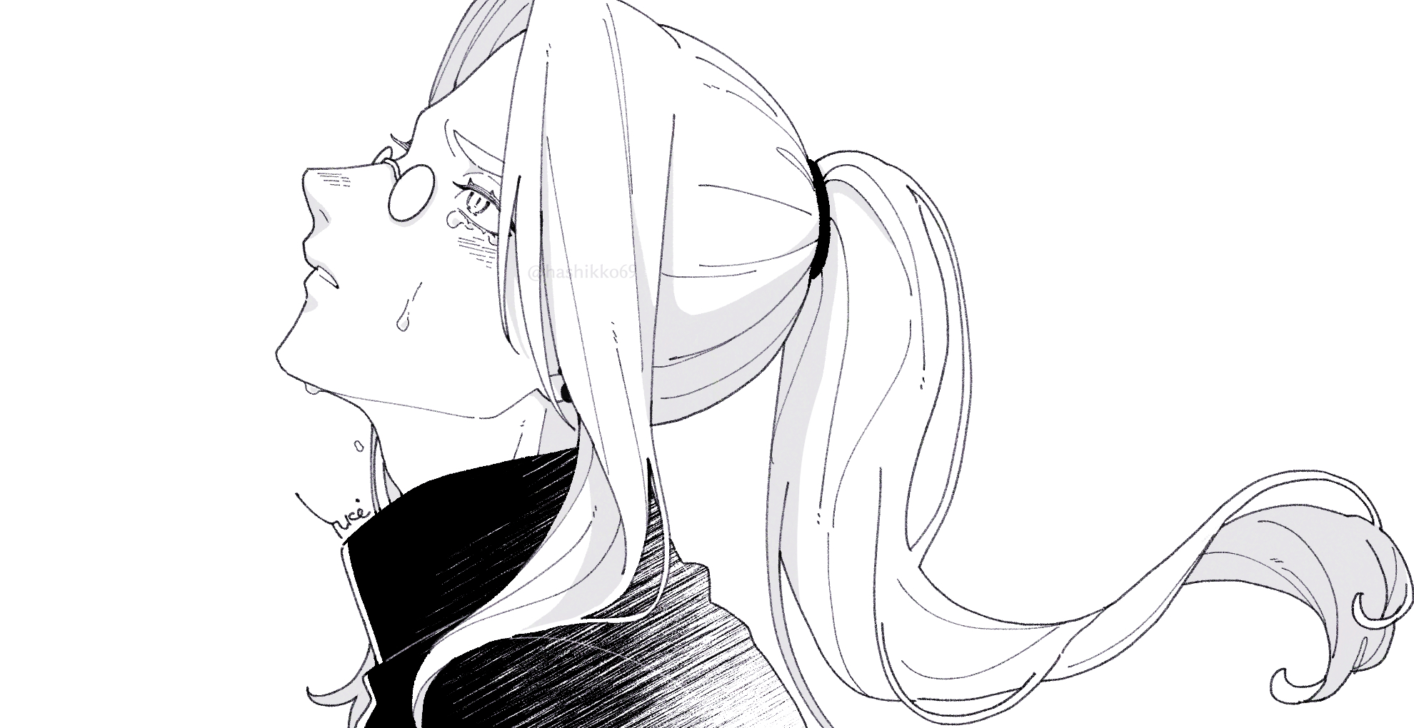 hashikko69, michael roa valdamjong, michael roa valdamjong (human), tsukihime, highres, 1boy, crying, floating hair, from side, glasses, long hair, looking up, male focus, monochrome, ponytail, priest, profile, sad, wavy hair