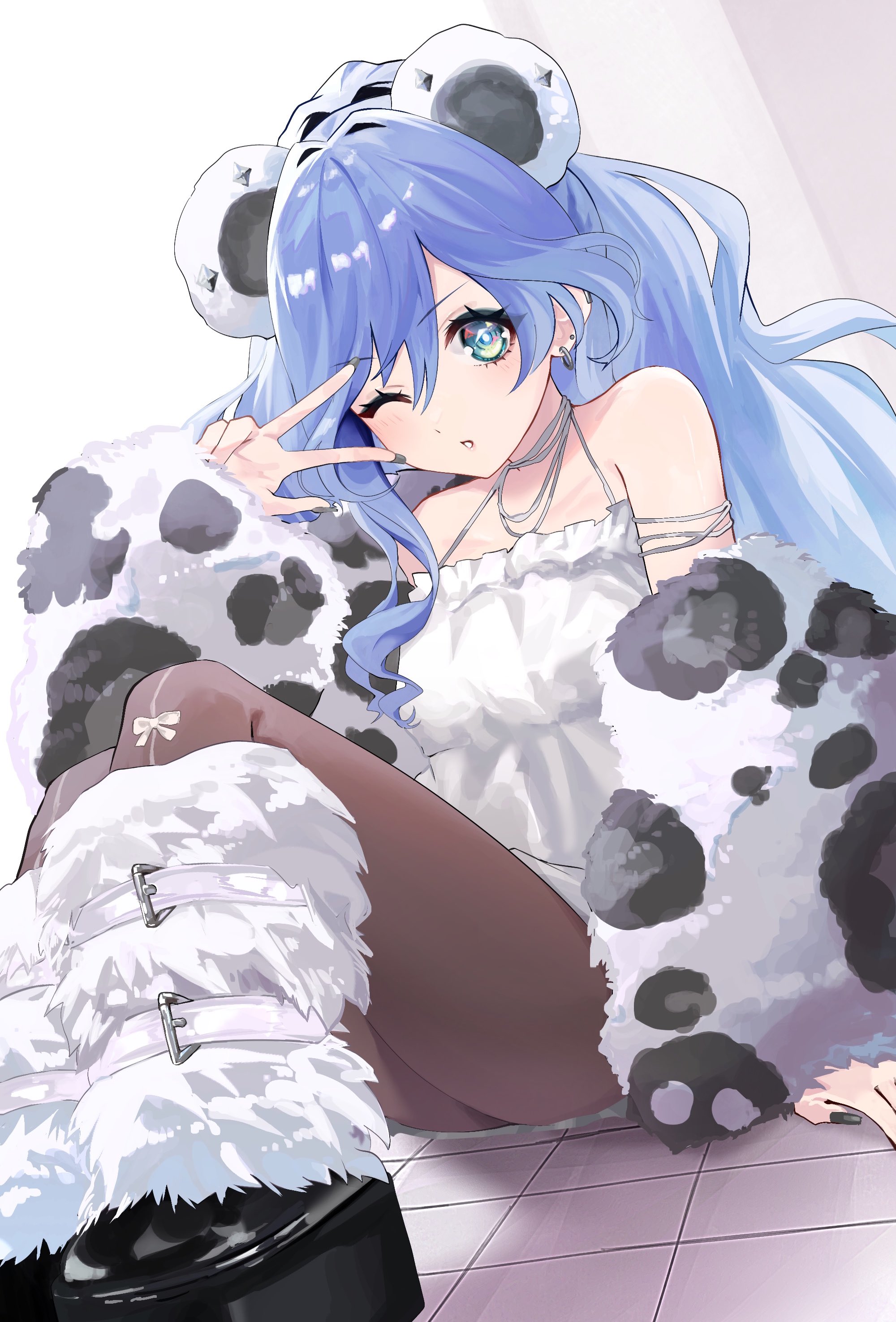 chosmahe, vspo!, absurdres, highres, 1girl, animal print, aqua eyes, black boots, blue hair, boots, brown pantyhose, dress, dutch angle, fur leg warmers, jacket, jacket partially removed, leg warmers, long hair, looking at viewer, official alternate costume, one eye closed, pantyhose, platform boots, ponytail, sitting, sleeveless, sleeveless dress, solo, tiger print, tile floor, tiles, v, v over eye, very long hair, virtual youtuber, white dress, white jacket, white leg warmers, yano kuromu (2nd costume)