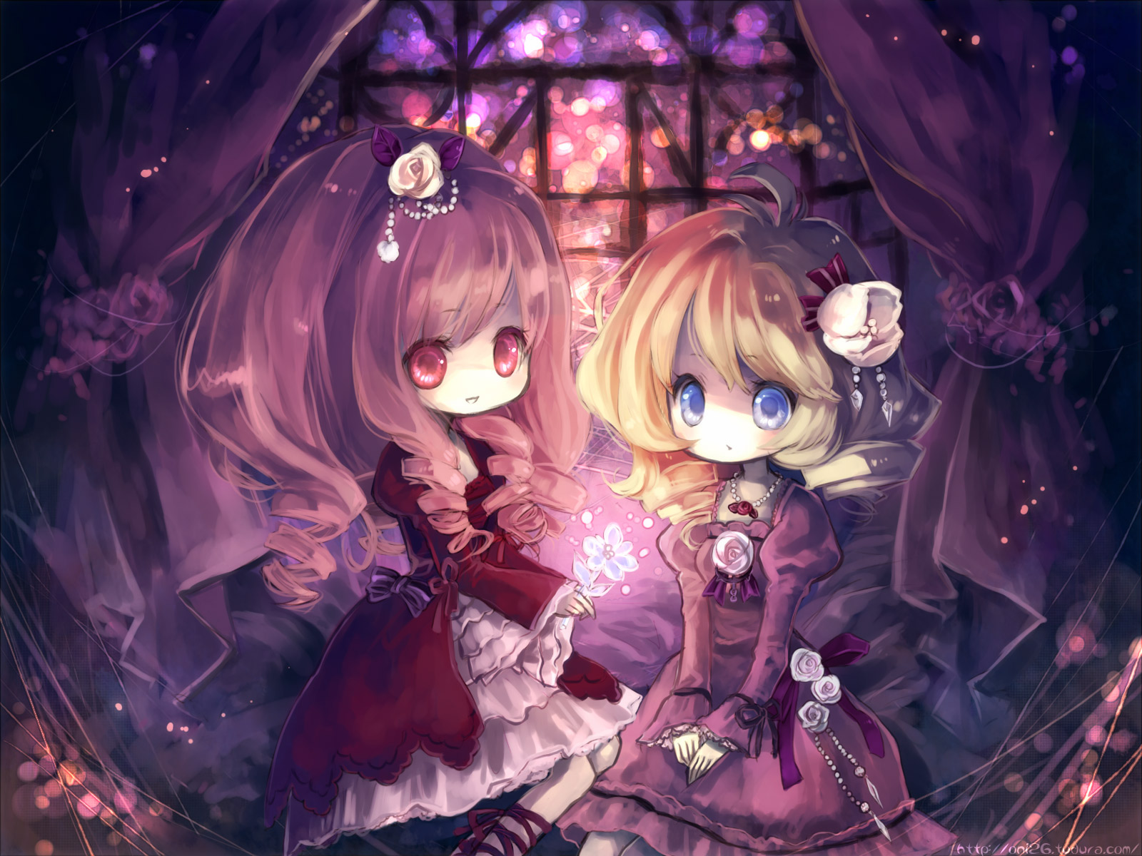 onineko, original, bad id, bad pixiv id, highres, 2girls, blonde hair, blue eyes, child, dress, drill hair, flower, goth fashion, gothic lolita, hair flower, hair ornament, lolita fashion, long hair, multiple girls, red eyes, ribbon, sitting