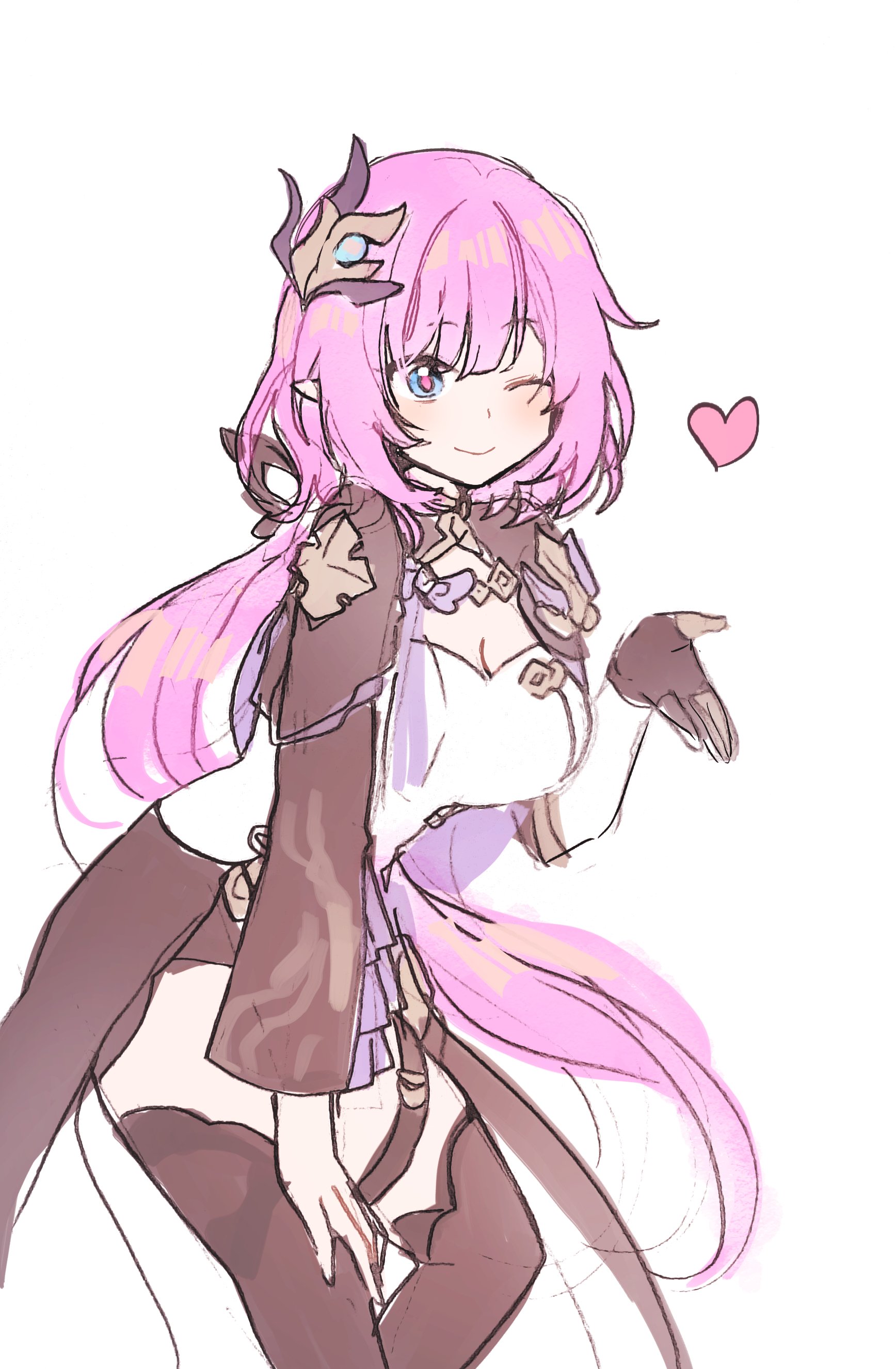 5rwpvc, elysia (honkai impact), elysia (miss pink elf) (honkai impact), honkai (series), honkai impact 3rd, absurdres, commentary, highres, symbol-only commentary, 1girl, ;), black boots, black gloves, black shorts, blue eyes, boots, breasts, corset, elf, gloves, hair ornament, heart, large breasts, looking at viewer, one eye closed, pink hair, pointy ears, short shorts, shorts, shrug (clothing), simple background, single glove, smile, solo, thighs, white background, white corset