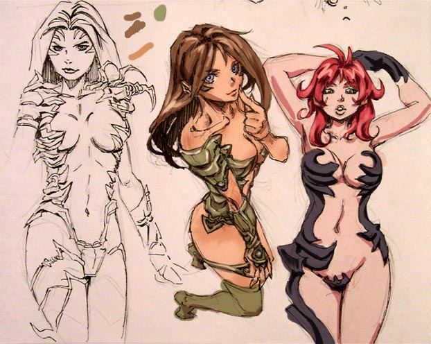 archvermin, amaha masane, sara pezzini, witchblade, tagme, 00s, 2girls, brown hair, crossover, dual persona, impossible clothes, multiple girls, navel, red hair