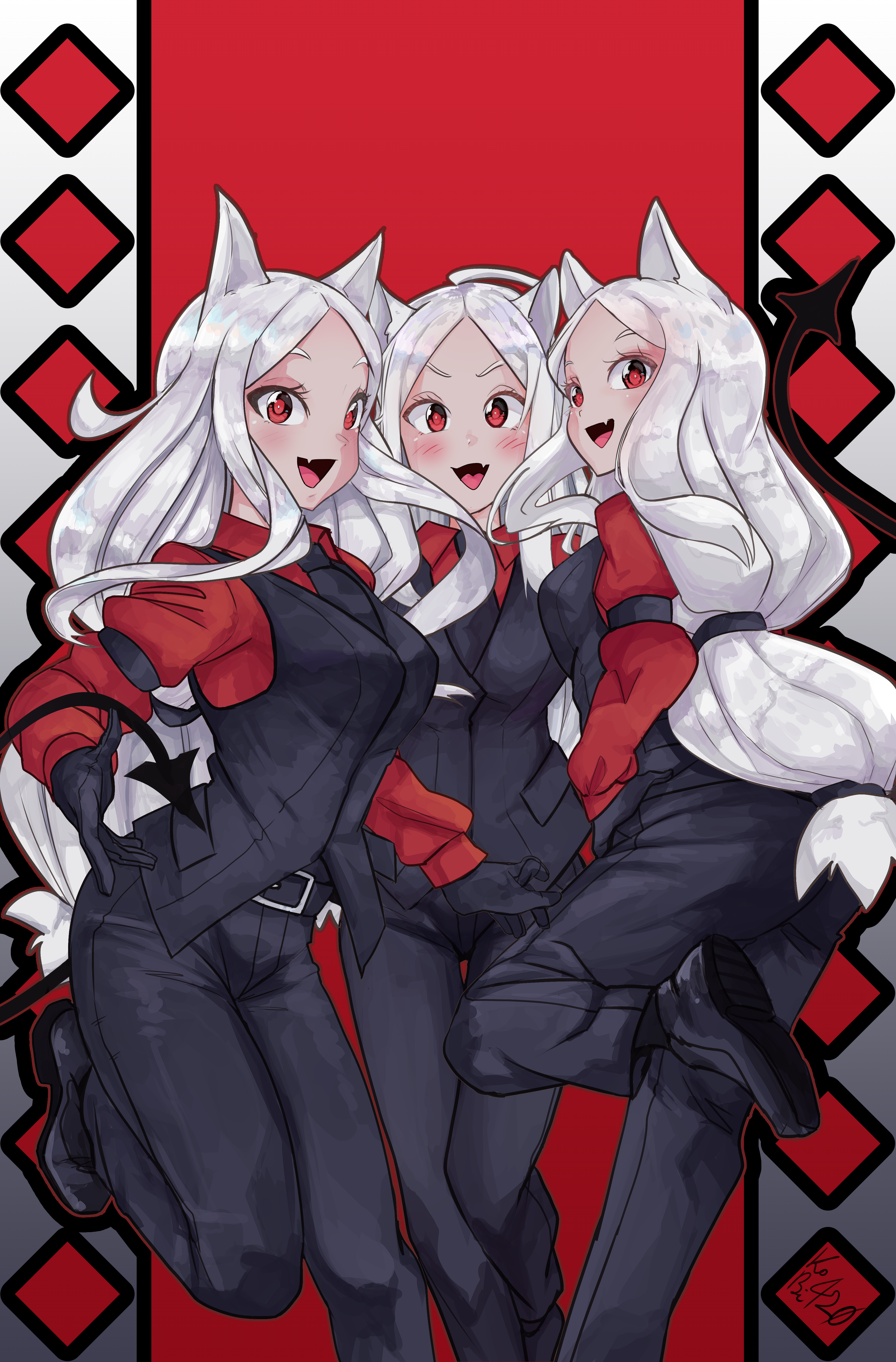 kobi420, cerberus (helltaker), helltaker, absurdres, commentary, english commentary, highres, 3girls, :d, animal ears, belt, black belt, black gloves, black necktie, black pants, black shoes, black tail, black vest, blush, border, collared shirt, demon girl, demon tail, dog ears, fang, feet out of frame, foot up, gloves, gradient border, hand on own hip, long hair, long sleeves, looking at viewer, medium hair, multiple girls, necktie, open mouth, outline, pants, red background, red eyes, red outline, red shirt, shirt, shoes, skin fang, smile, standing, standing on one leg, tail, thigh gap, tongue, vest, white border, white hair