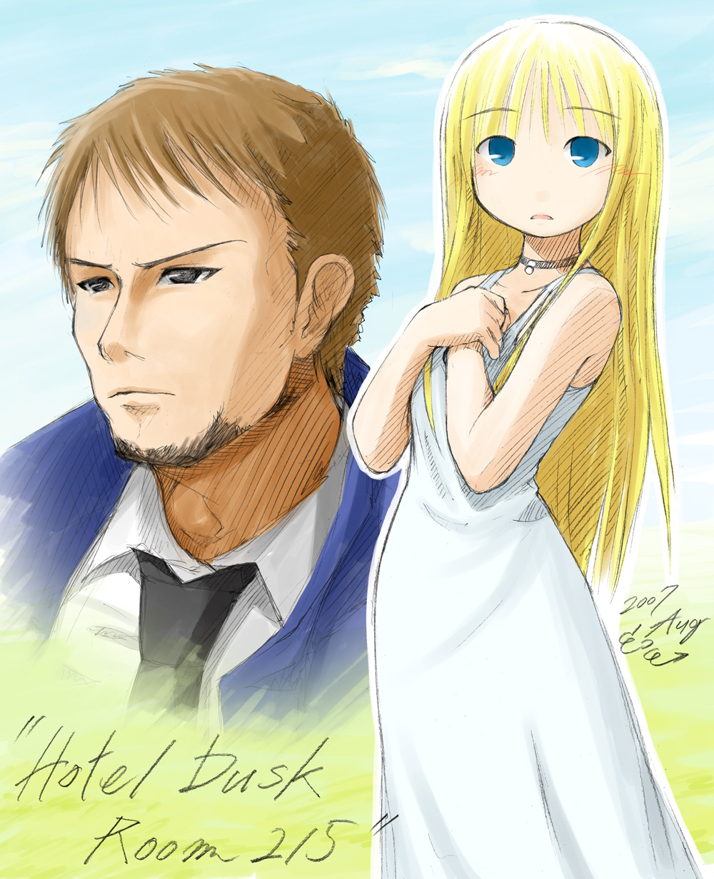 evans, kyle hyde, mila evans, cing, hotel dusk, highres, 1boy, 1girl, blonde hair, blue eyes, blush, brown hair, choker, dress, formal clothes, grey eyes, long hair, short hair, suit