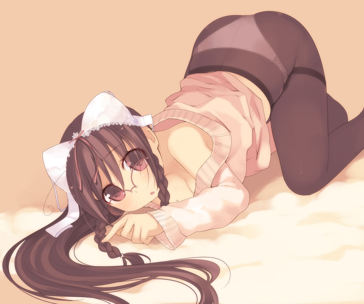 kashiwamochi yomogi, arima senne, original, 1girl, ass, bow, bow bra, bra, bra on head, braid, breasts, brown hair, cleavage, crotch seam, female focus, glasses, lace, lingerie, long hair, medium breasts, mole, mole on breast, object on head, panties, panties under pantyhose, pantyhose, red eyes, ribbon, solo, sweater, tareme, thighband pantyhose, top-down bottom-up, twin braids, underwear, very long hair